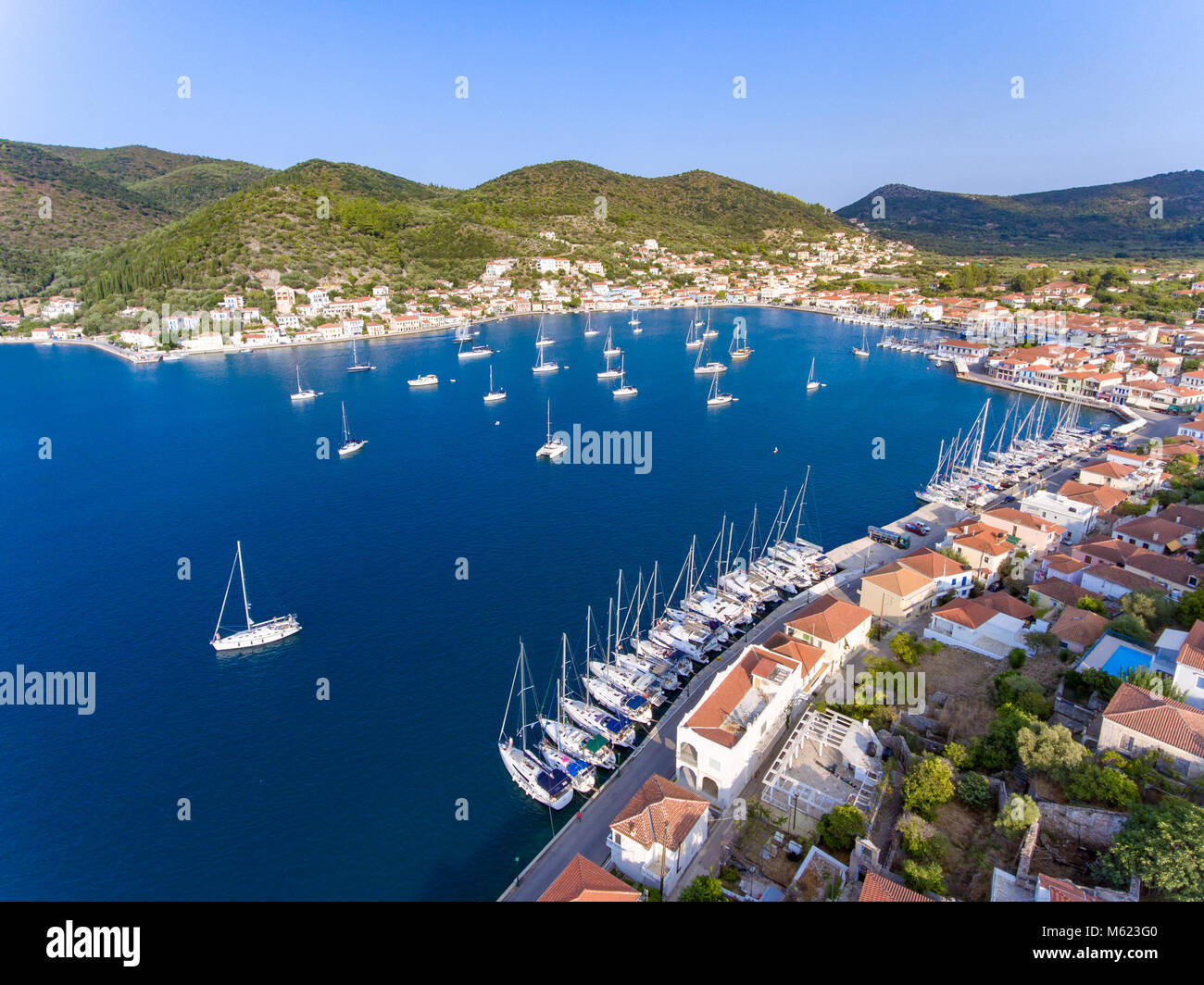 Vathy Ithaka port entrance aerial view Stock Photo - Alamy