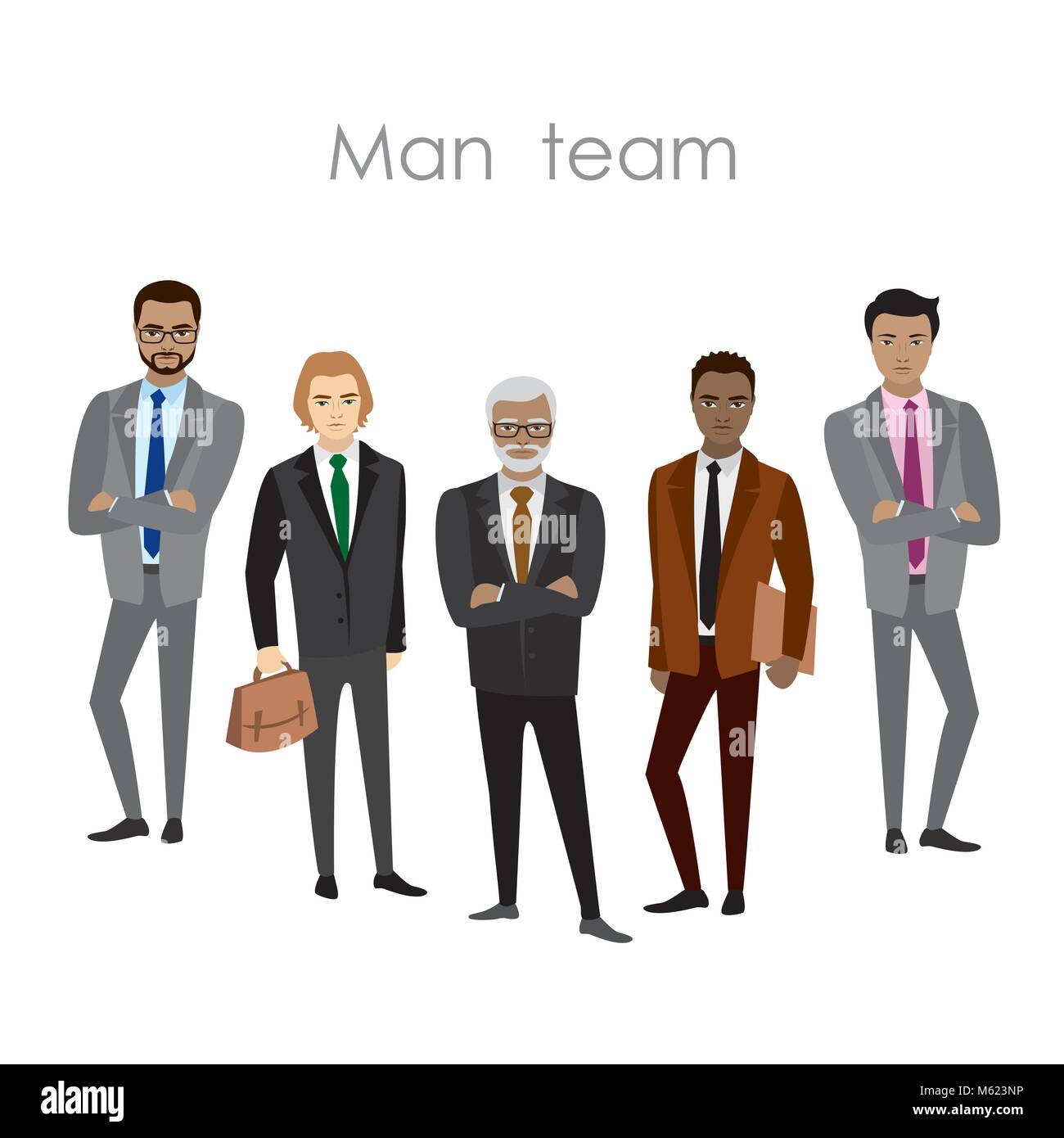 Set of five businessman , cartoon men's business team. Isolated on white background. Vector flat illustration Stock Vector