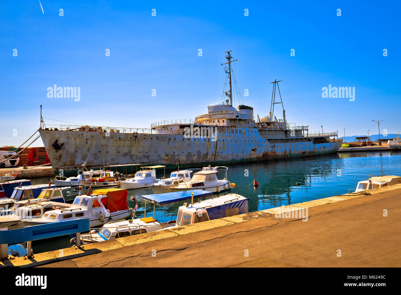 Titov Galeb ship wreck docked, former command ship of Yugoslavian army waitnig for scrap yard, Rijeka, Croatia Stock Photo