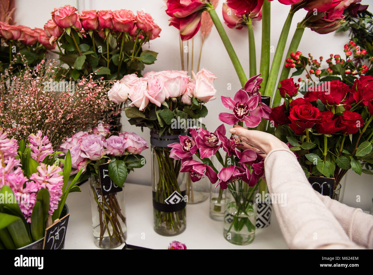 Female hands in shop with flower Stock Photo