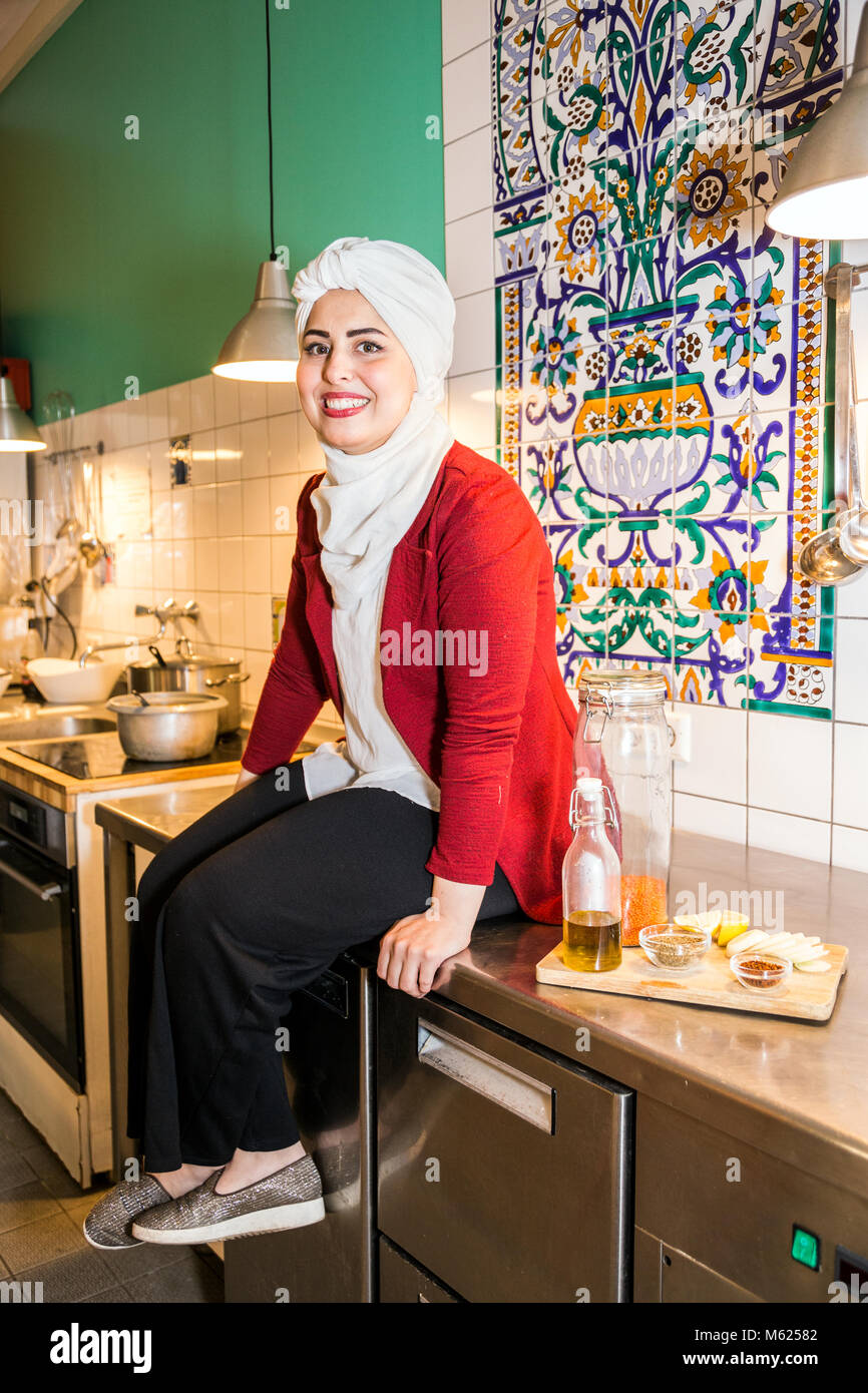 Malakeh Jazmati, Syrian TV-Star of a Cooking Show, cookbook author, refugee, living in exile in Berlin, Germany. Stock Photo