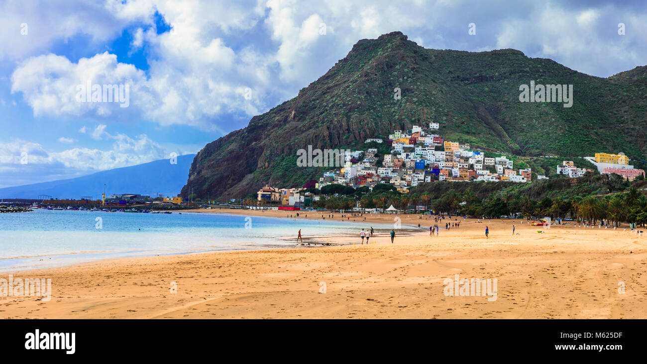 Impressive Playa de las Teresitas,view with San. Andres village,Tenerife,spain. Stock Photo