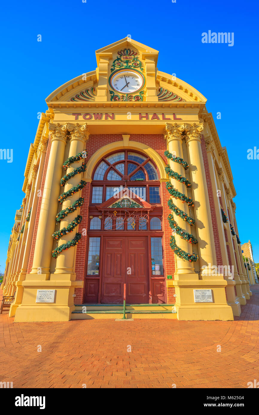 York, Australia - Dec 25, 2017: famous place York Town Hall in Avon Valley, is an heritage listed Victorian and Federation buildings. York is the oldest and first inland settlement in WA.Vertical shot Stock Photo