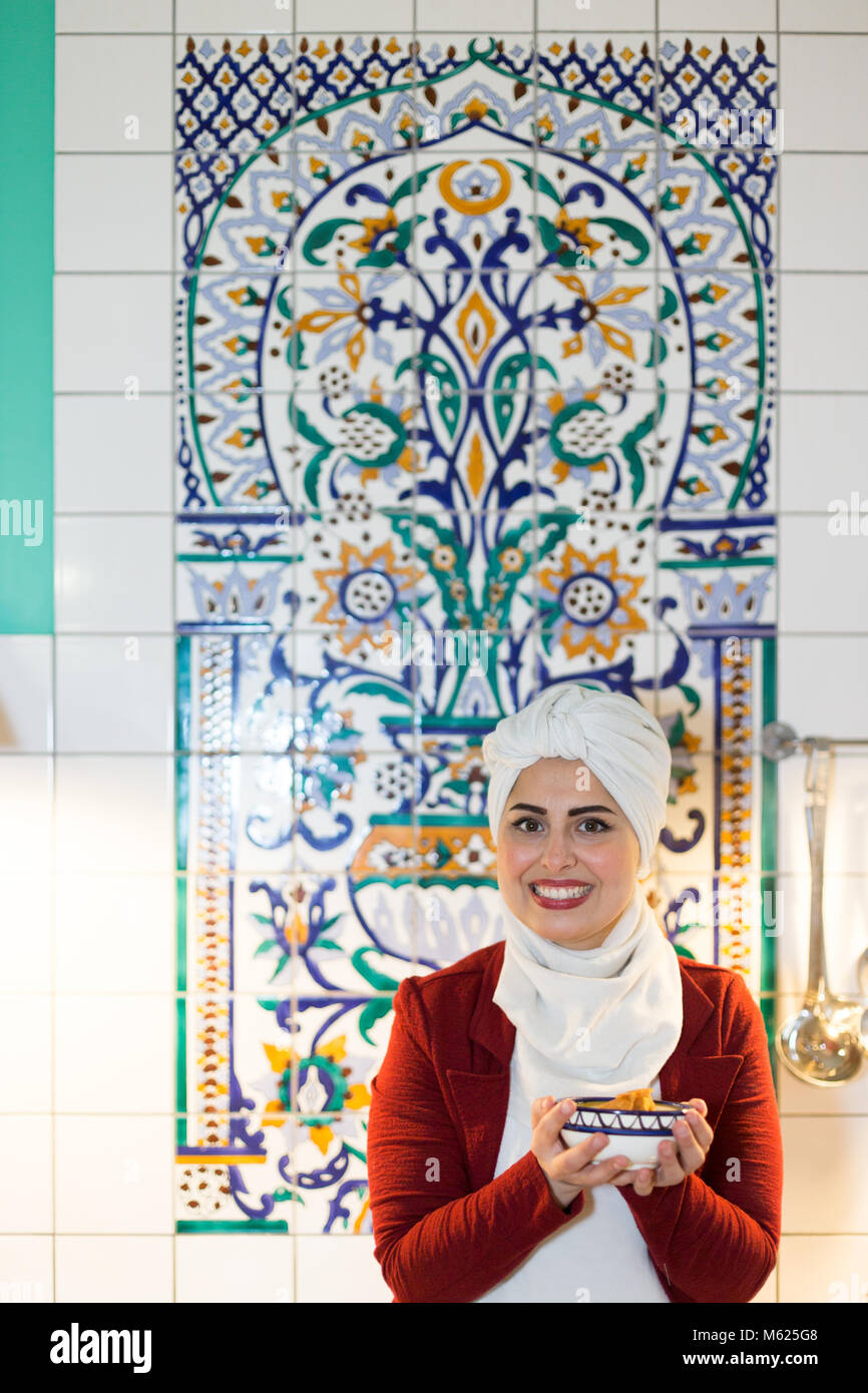 Malakeh Jazmati, Syrian TV-Star of a Cooking Show, cookbook author, refugee, living in exile in Berlin, Germany. Stock Photo
