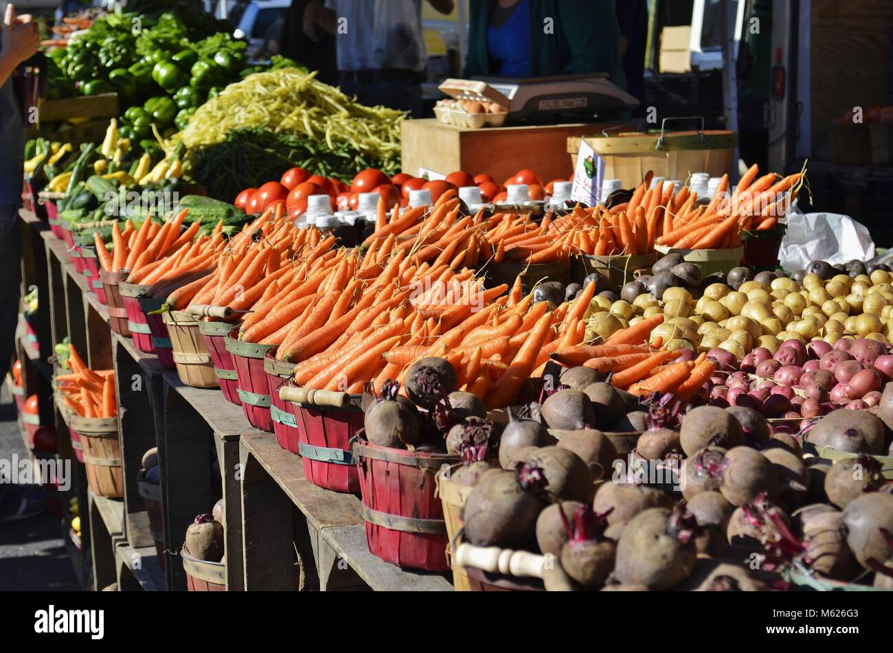 Rows of fresh produce displayed and for sale at a local outdoor Farmers Market on a sunny summer morning Stock Photo