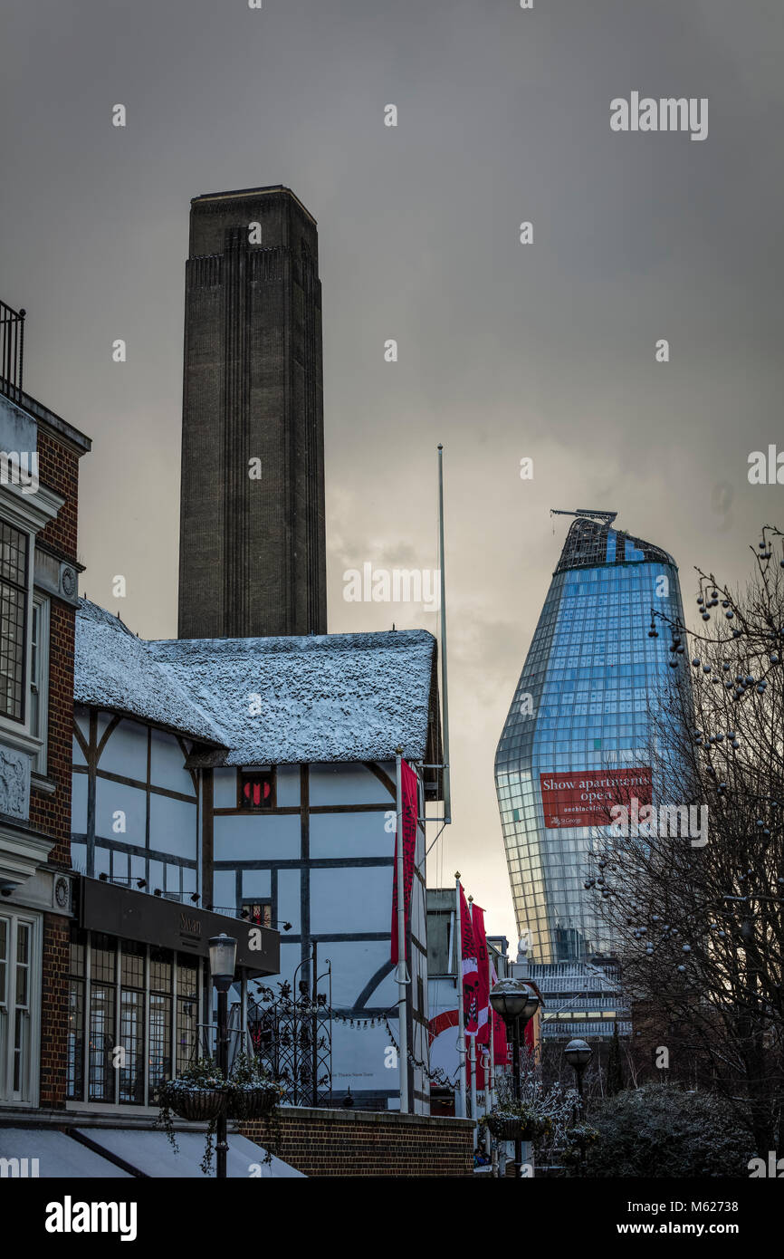 Shakespeare Globe Theatre in London covered in snow Stock Photo