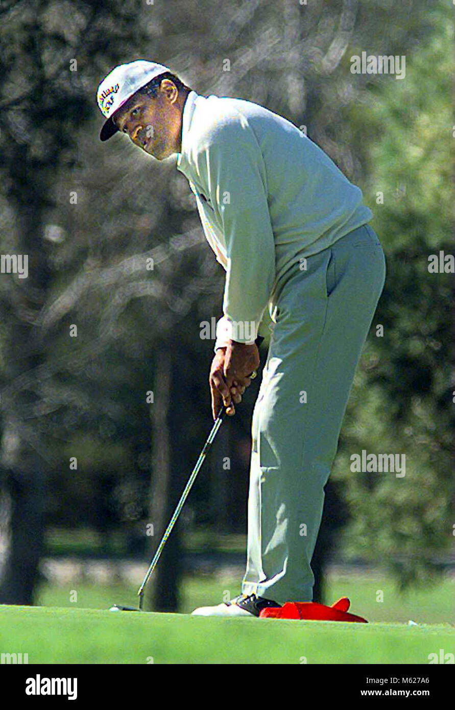 O.J. Simpson putts the ball during a round of golf at the Hansen Dam golf course in Pacoima, CA on February 5, 1997 during the civil trial for the death of Ron Goldman and his wife, Nicole Brown Simpson. Photo by Francis Specker Stock Photo