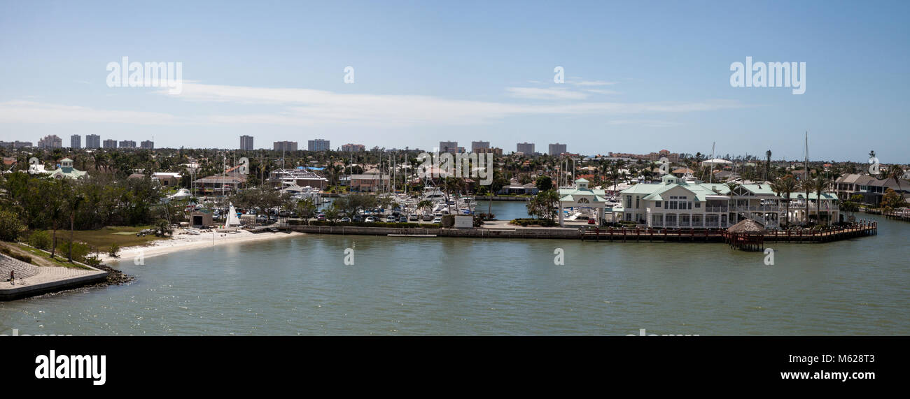 Panoramic view headed onto Marco Island, Florida from Collier Boulevard 951 with the bay ocean view. Stock Photo