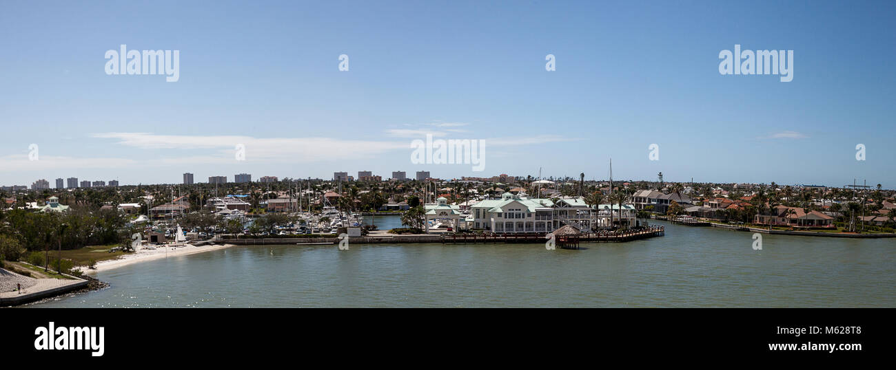 Panoramic view headed onto Marco Island, Florida from Collier Boulevard 951 with the bay ocean view. Stock Photo