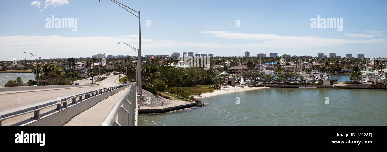 Panoramic view headed onto Marco Island, Florida from Collier Boulevard 951 with the bay ocean view. Stock Photo