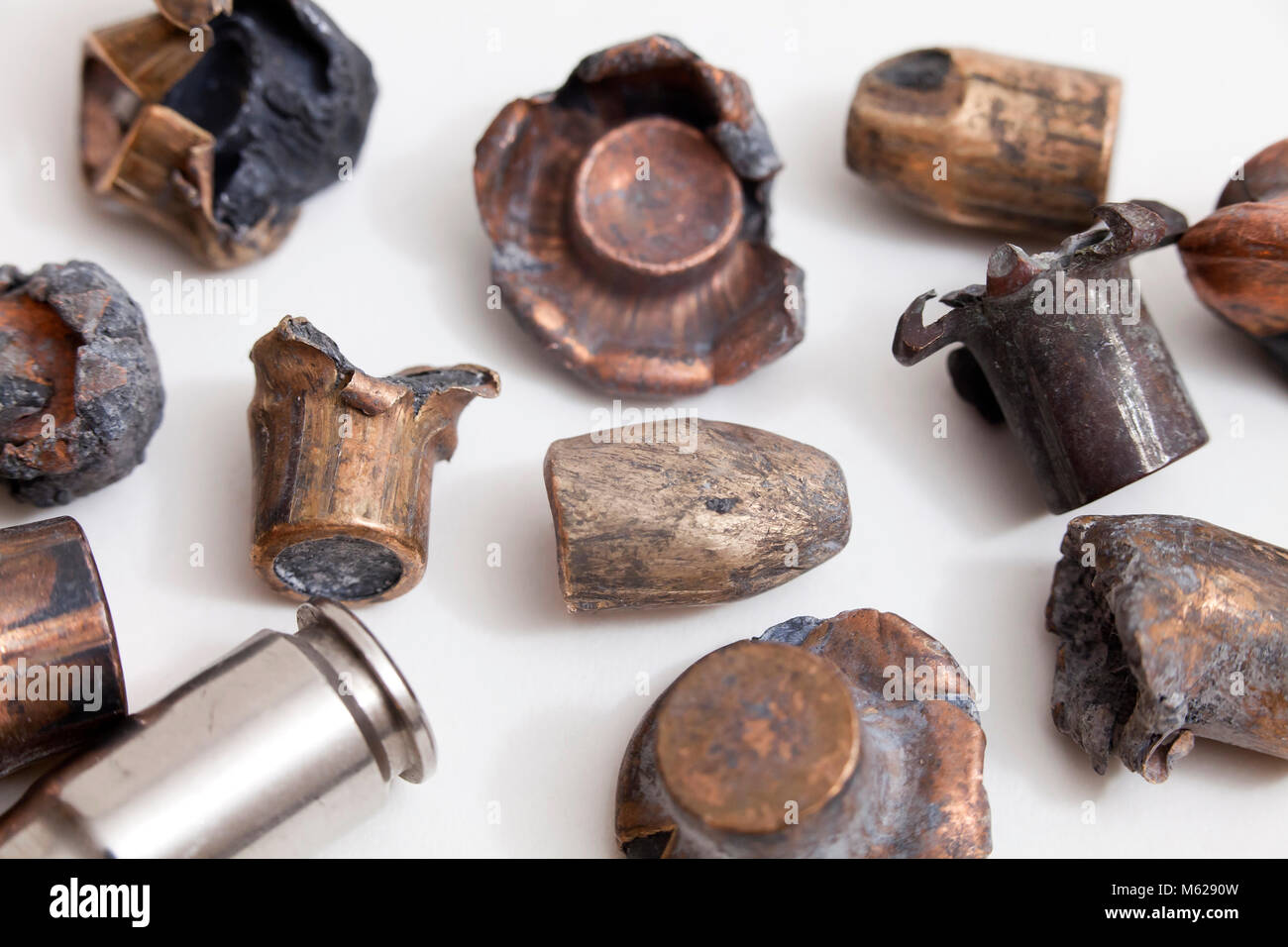 Various types of recovered spent bullets (projectiles) showing expansion (mushrooming) - USA Stock Photo