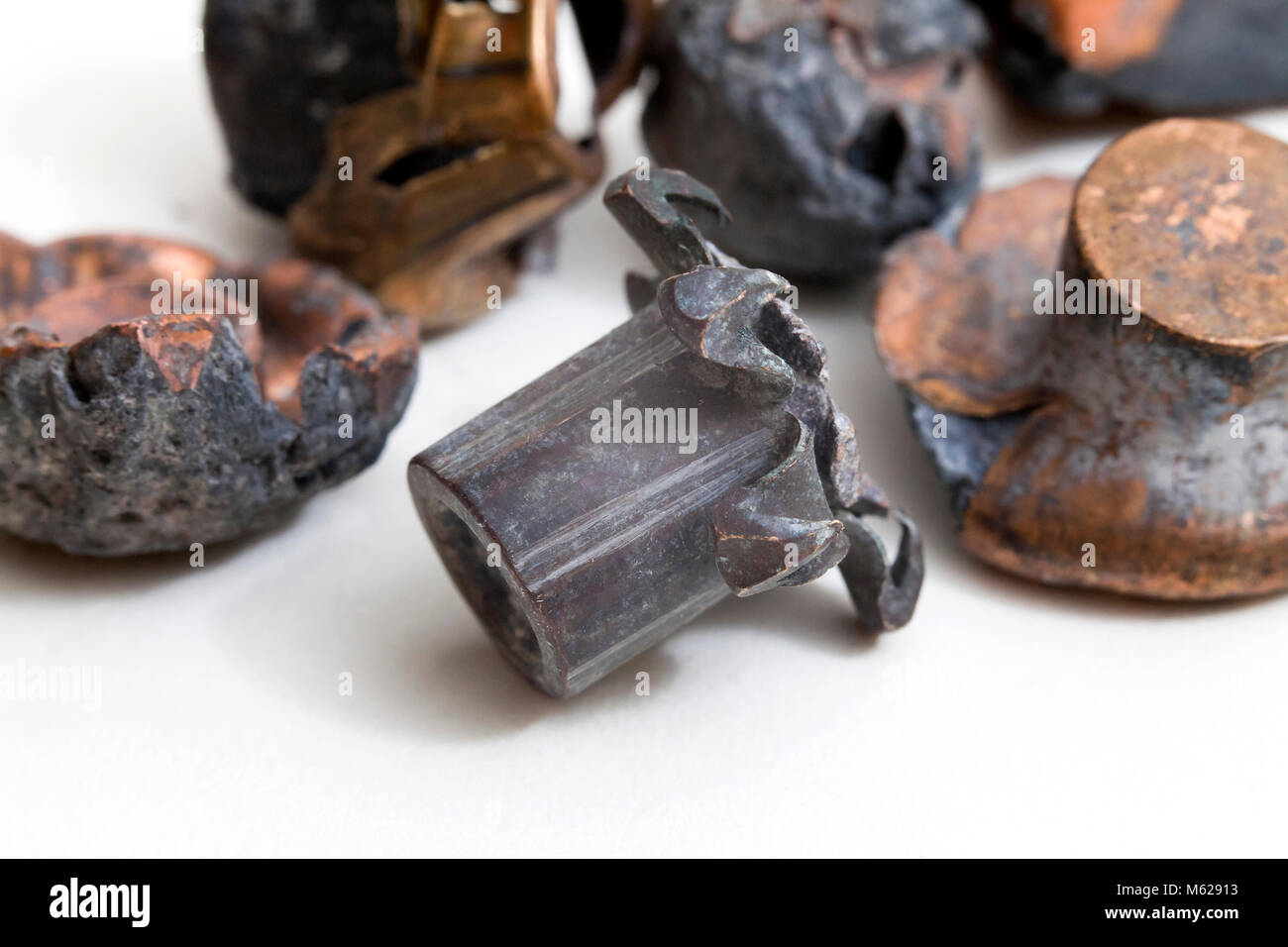 Various types of recovered spent bullets (projectiles) showing expansion (mushrooming) - USA Stock Photo