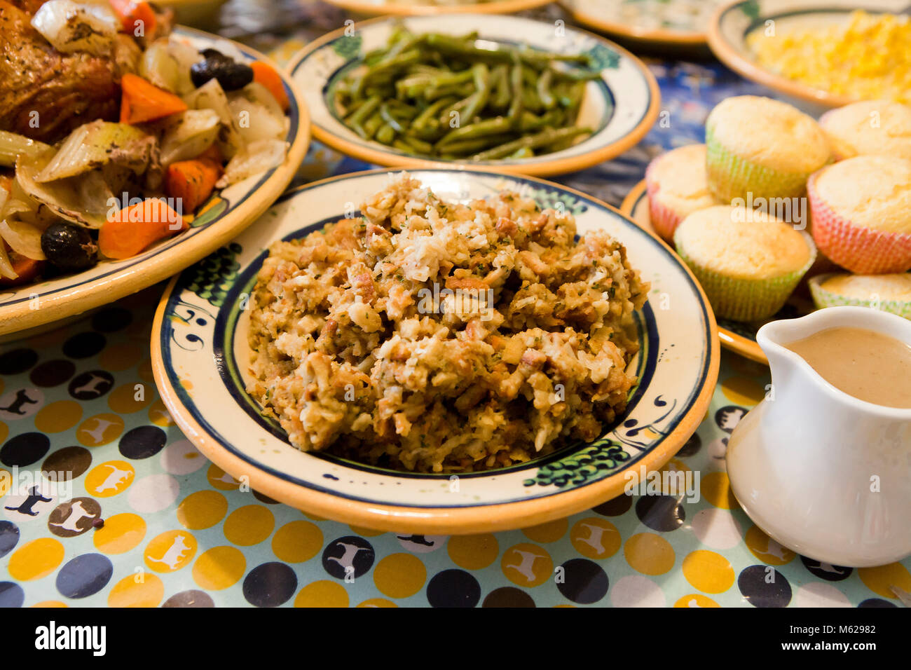 A plate of stuffing on dinner table - USA Stock Photo