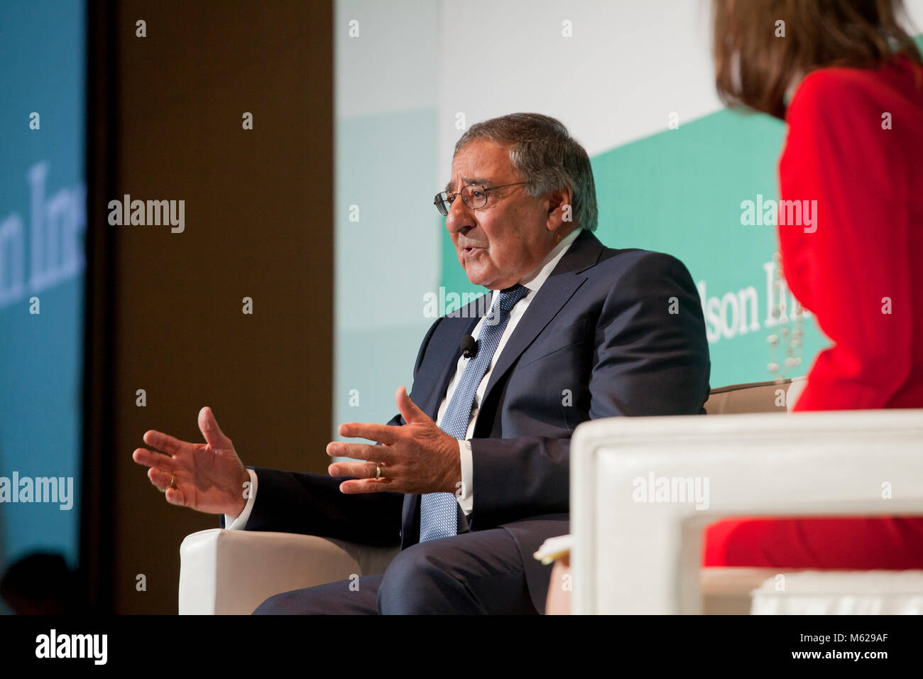 October 23, 2017, Washington, DC USA - Leon Panetta, former Secretary of Defense and CIA, in an interview with Washington Post editor, Lally Weymouth Stock Photo