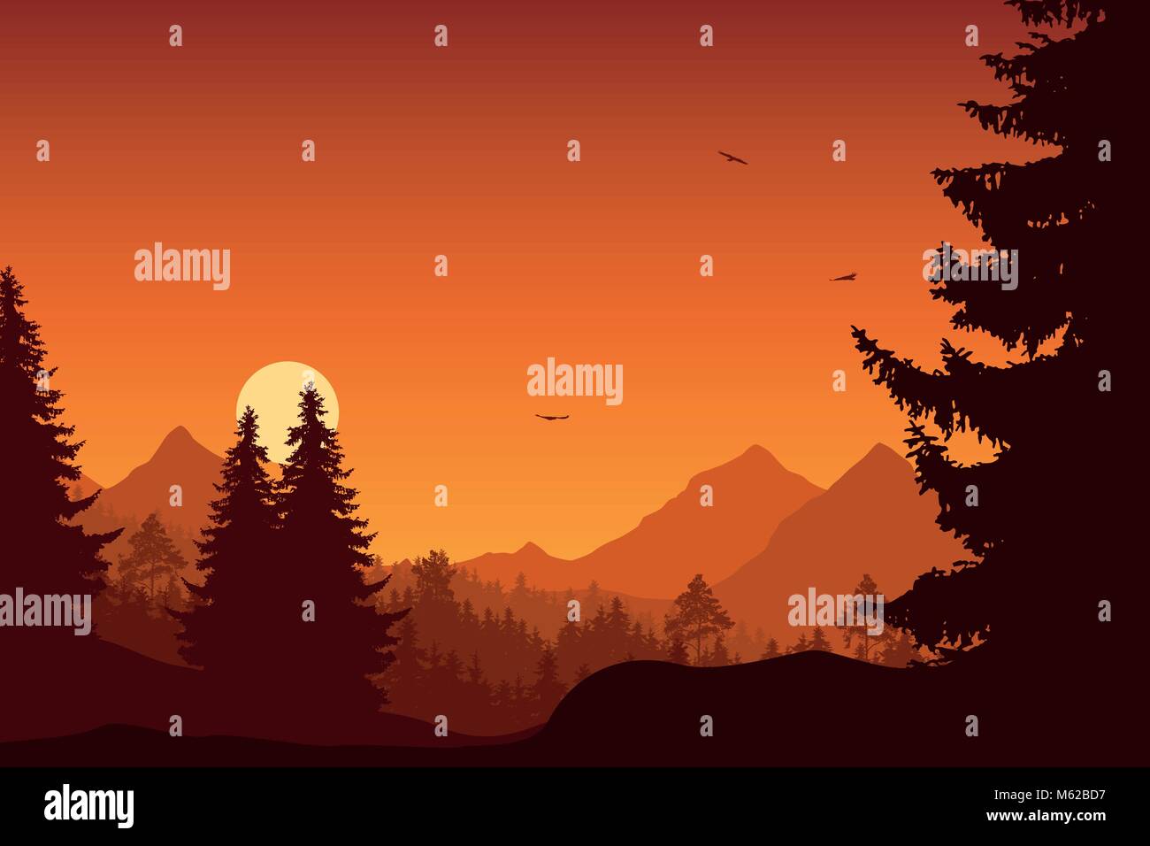 Mountain landscape with forest, under a orange sky with flying birds ...