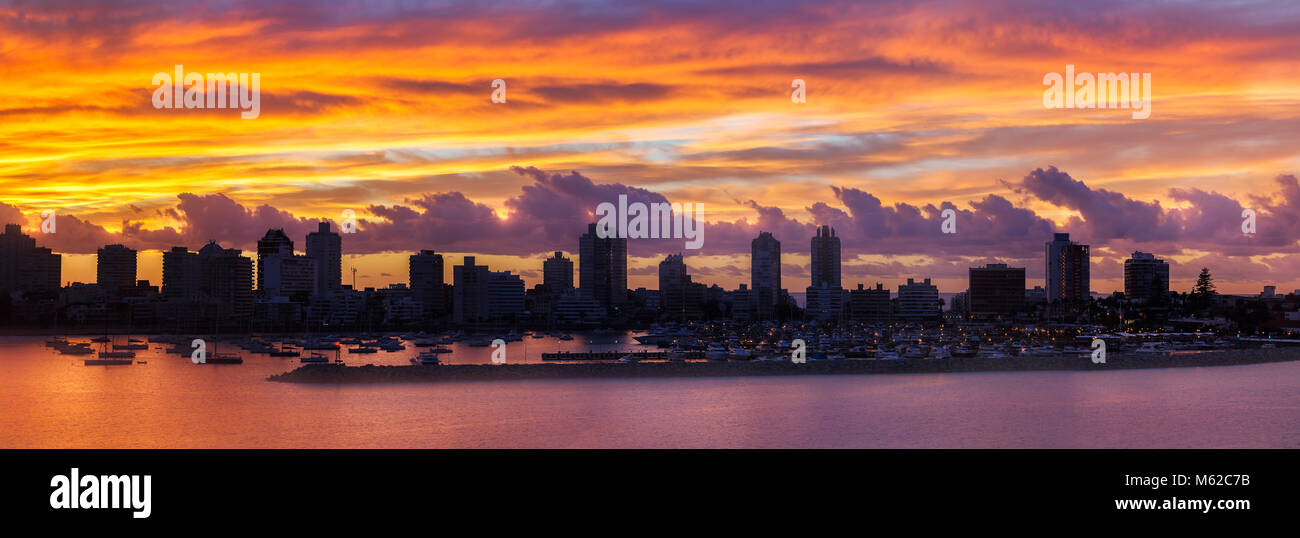 Panoramic view of the Port Of Punta Del Este Uruguay at sunrise time, 6:10 am, summer. Stock Photo