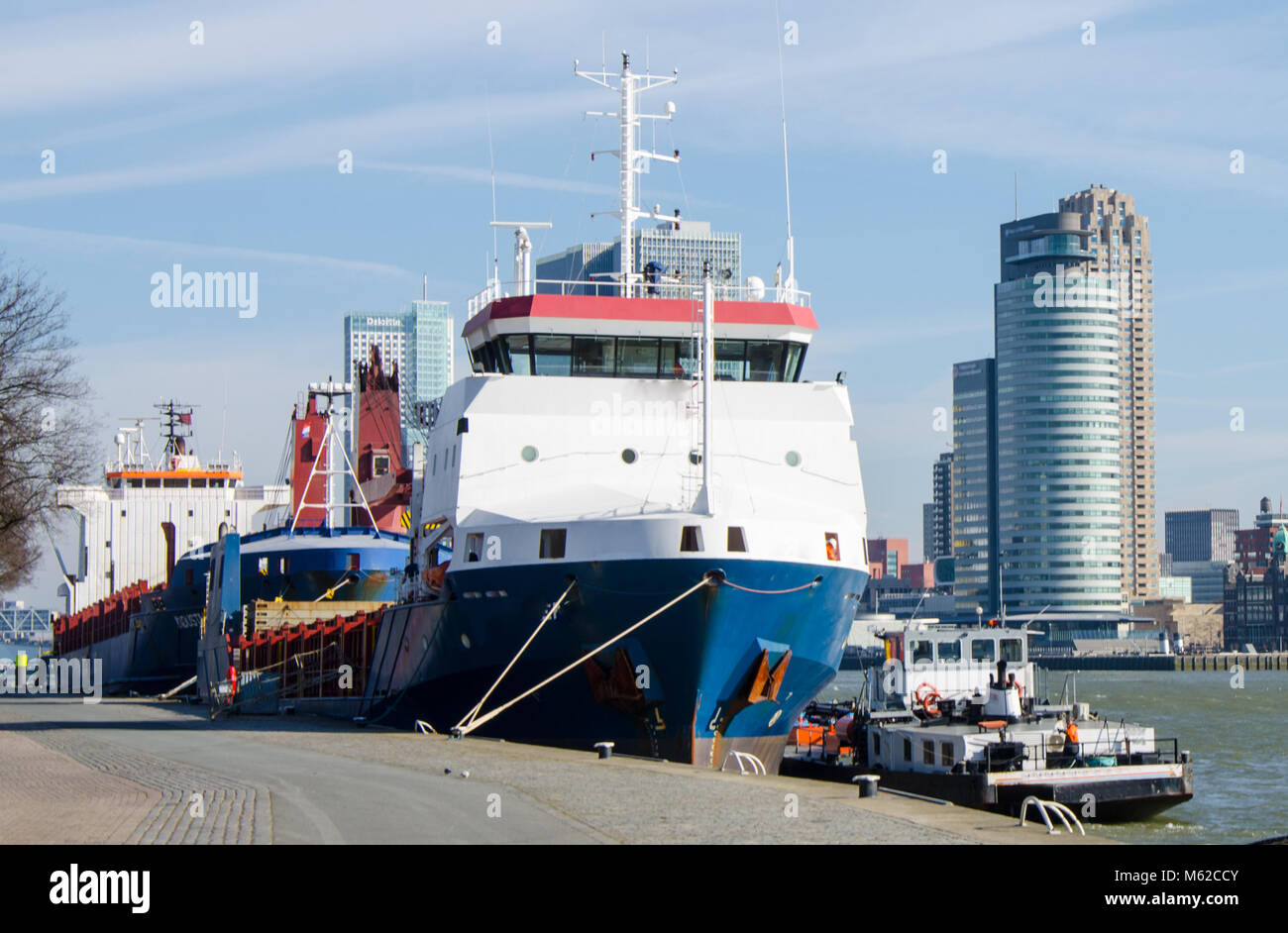 A boat moored in the port of Rotterdam. Stock Photo