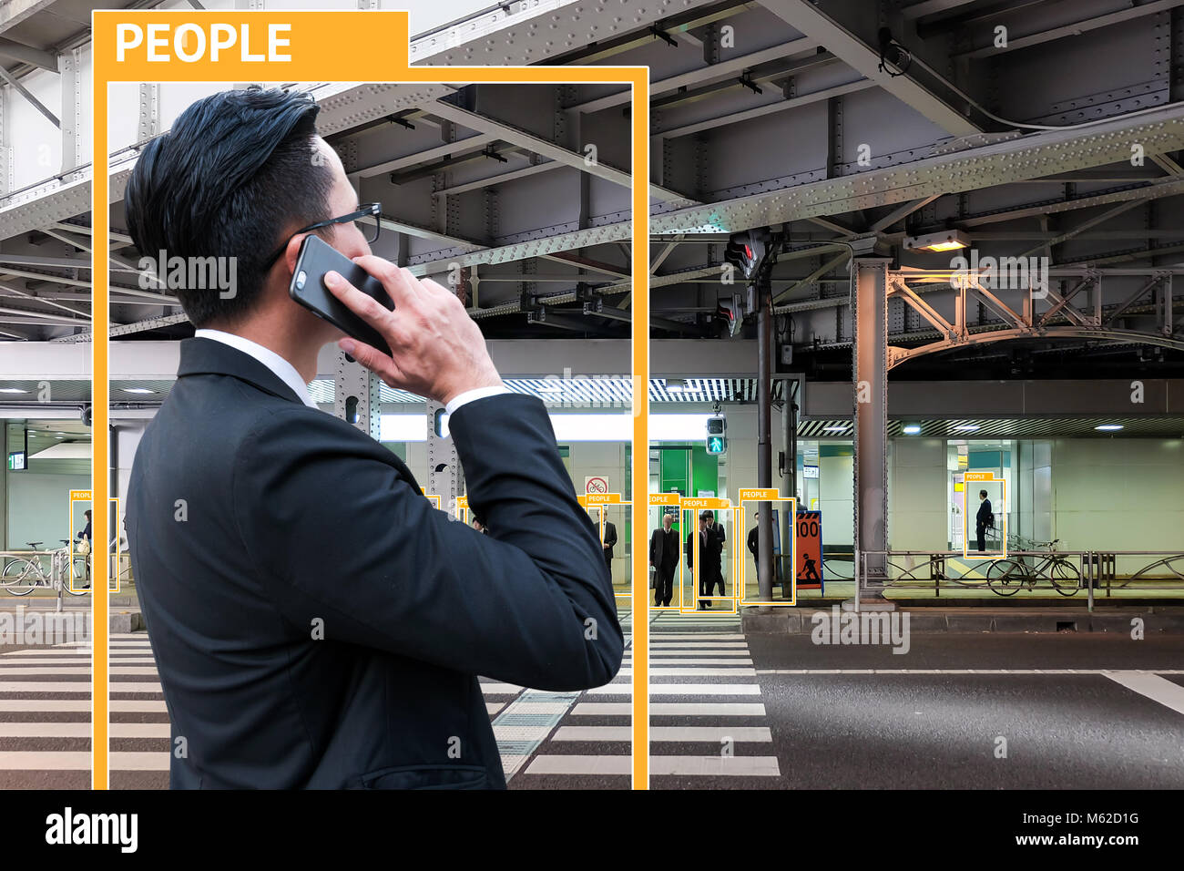 Machine Learning analytics identify person technology , Artificial intelligence concept. Software ui analytics and recognition people in city. Stock Photo