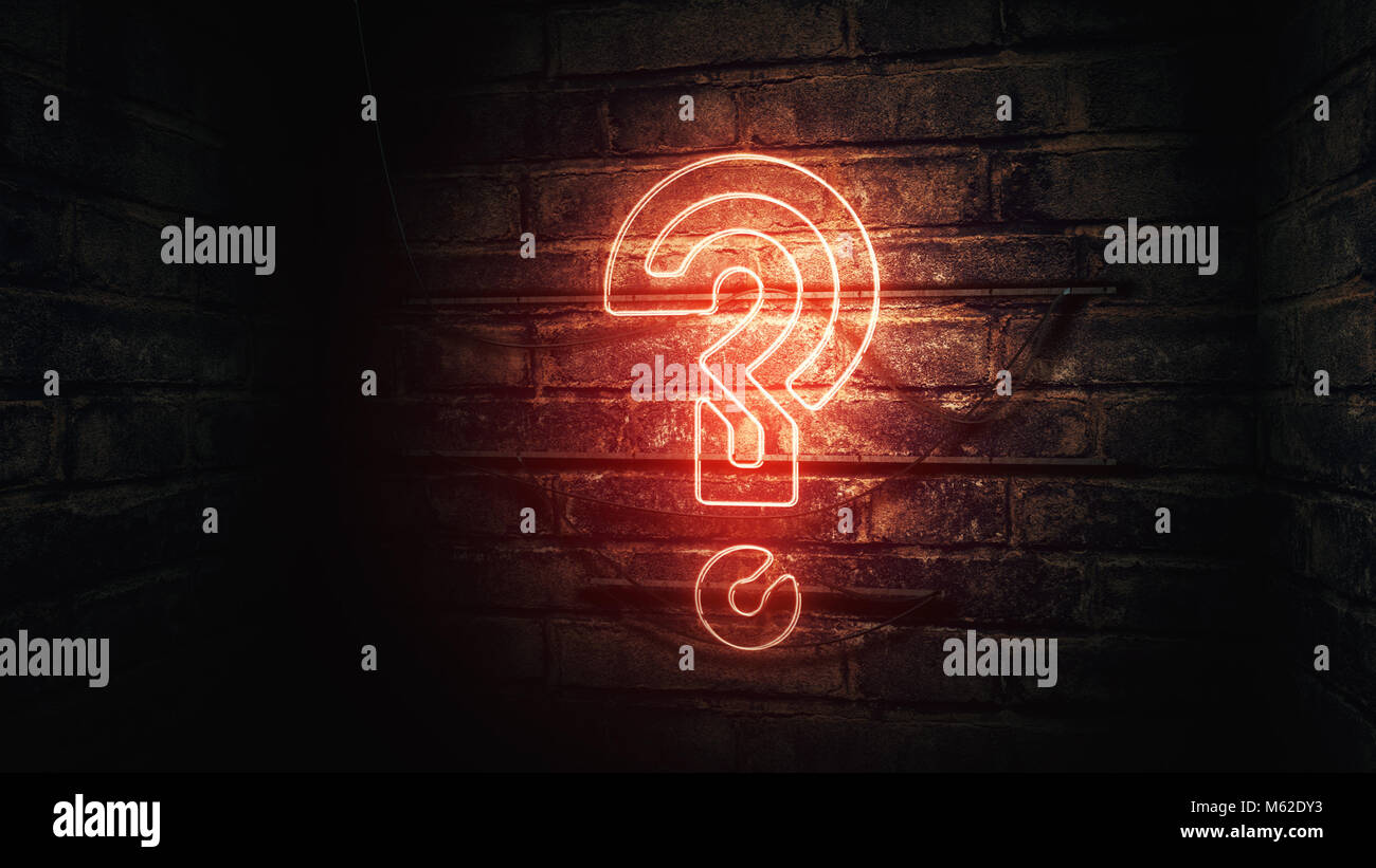 Question mark neon sign on brick wall, conceptual illustration for test, exam and looking for answers perplexed situation. Stock Photo