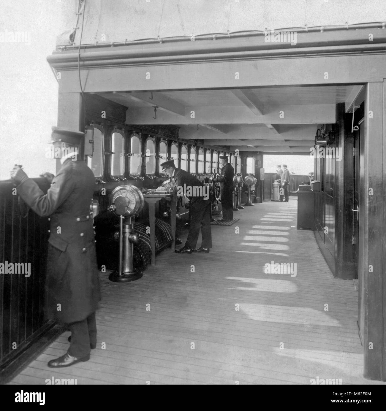 On the bridge of  SS 'Vaterland' c. 1914. The ship was built in1913 for the Hamburg America Line by Blohm and Voss at Hamburg, Germany for the trans-Atlantic passenger route. She was the largest passenger ship in the world on completion Stock Photo