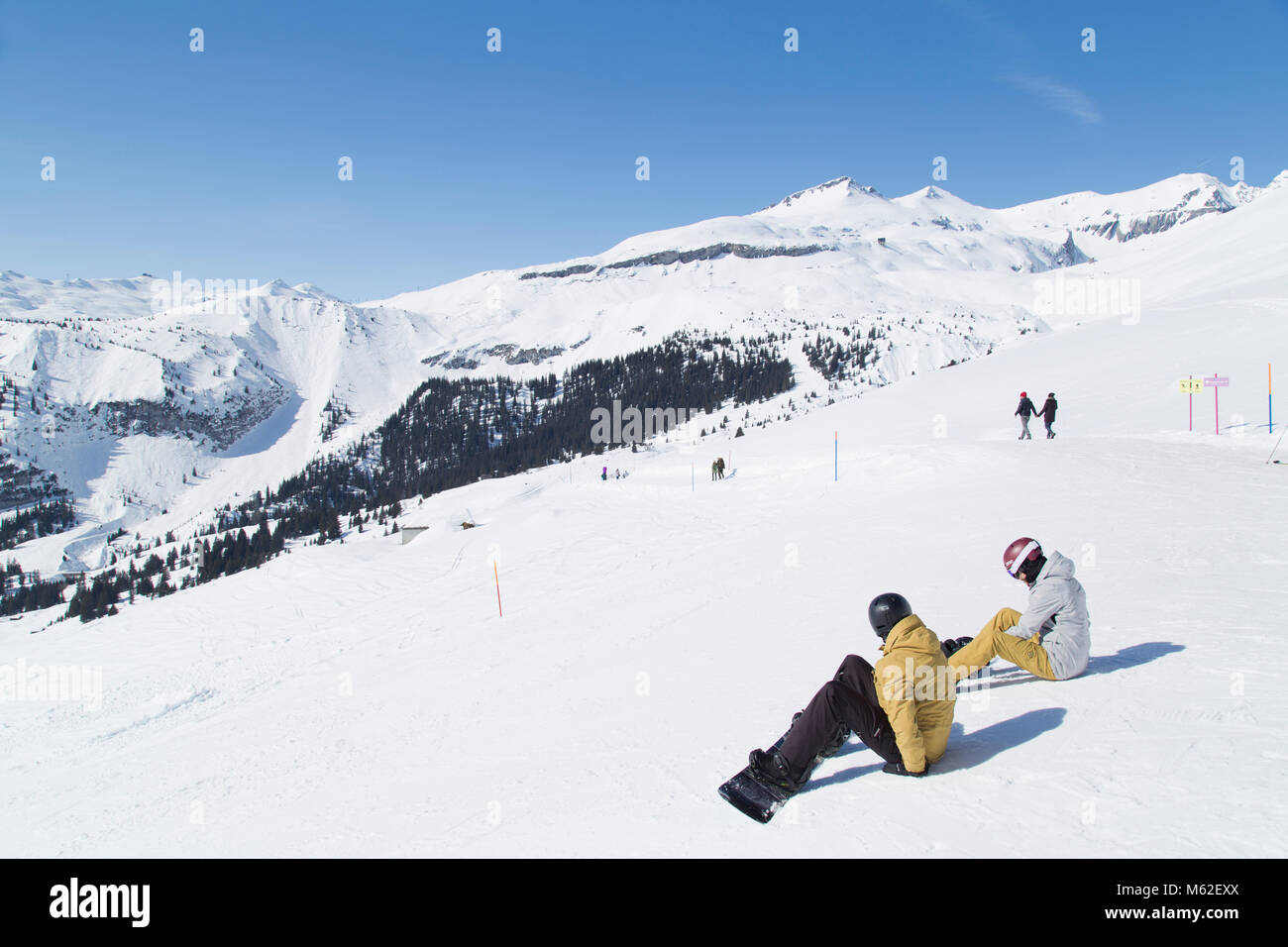Snowboarders in Flims Switzerland Stock Photo