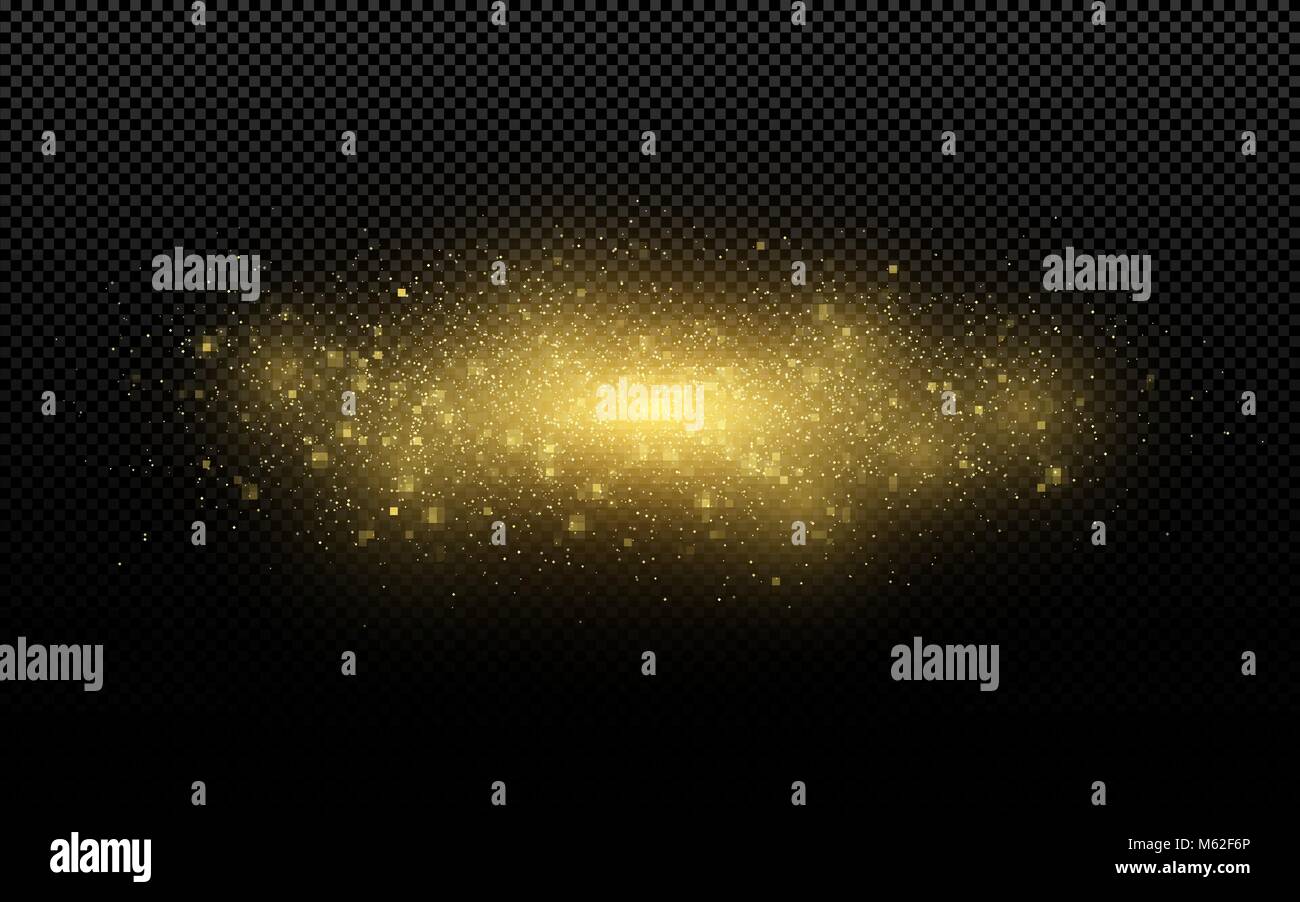 Gold glitter dust. Flying glowing particles. Golden trail. Christmas