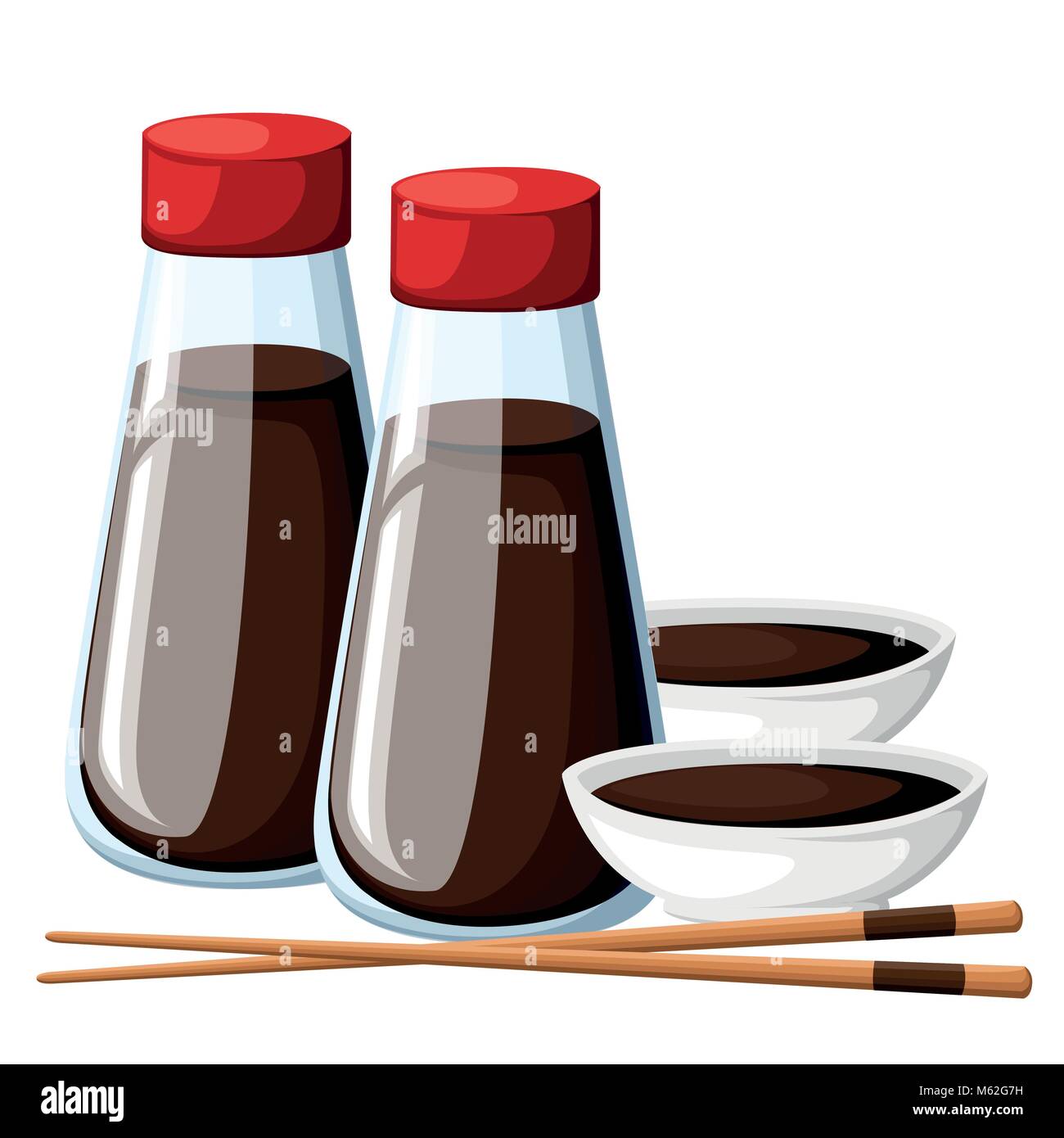 Japanese chopsticks and soy sauce in a white bowl soy sauce in transparent bottles with red caps vector illustration isolated on white background web site page and mobile app design Stock Vector