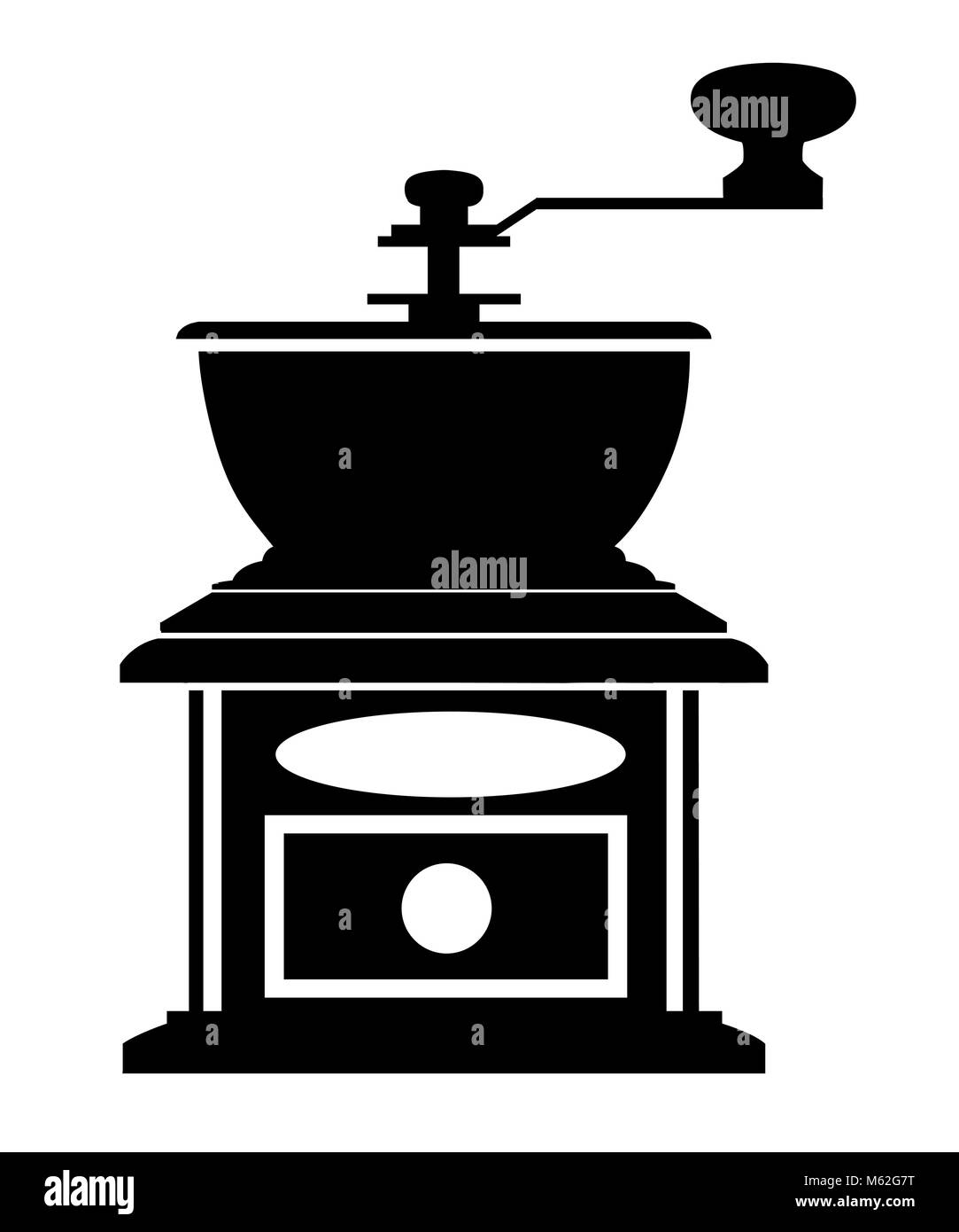 Black silhouette classic coffee grinder manual coffee mill vector illustration isolated on white background Stock Vector