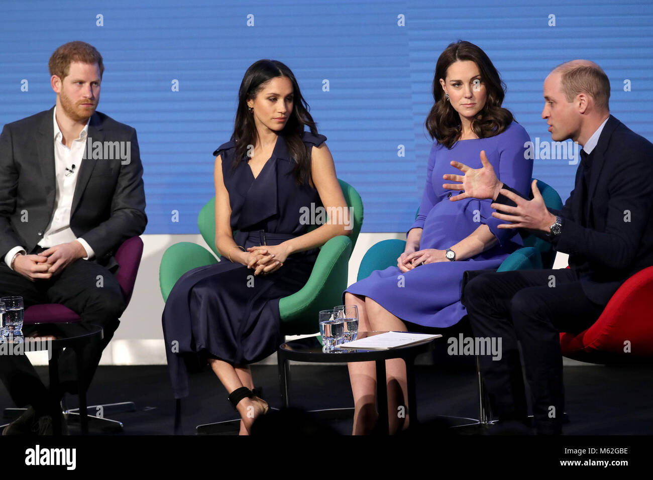 (left to right) Prince Harry, Meghan Markle and the Duchess and Duke of Cambridge during the first Royal Foundation Forum in central London. Stock Photo