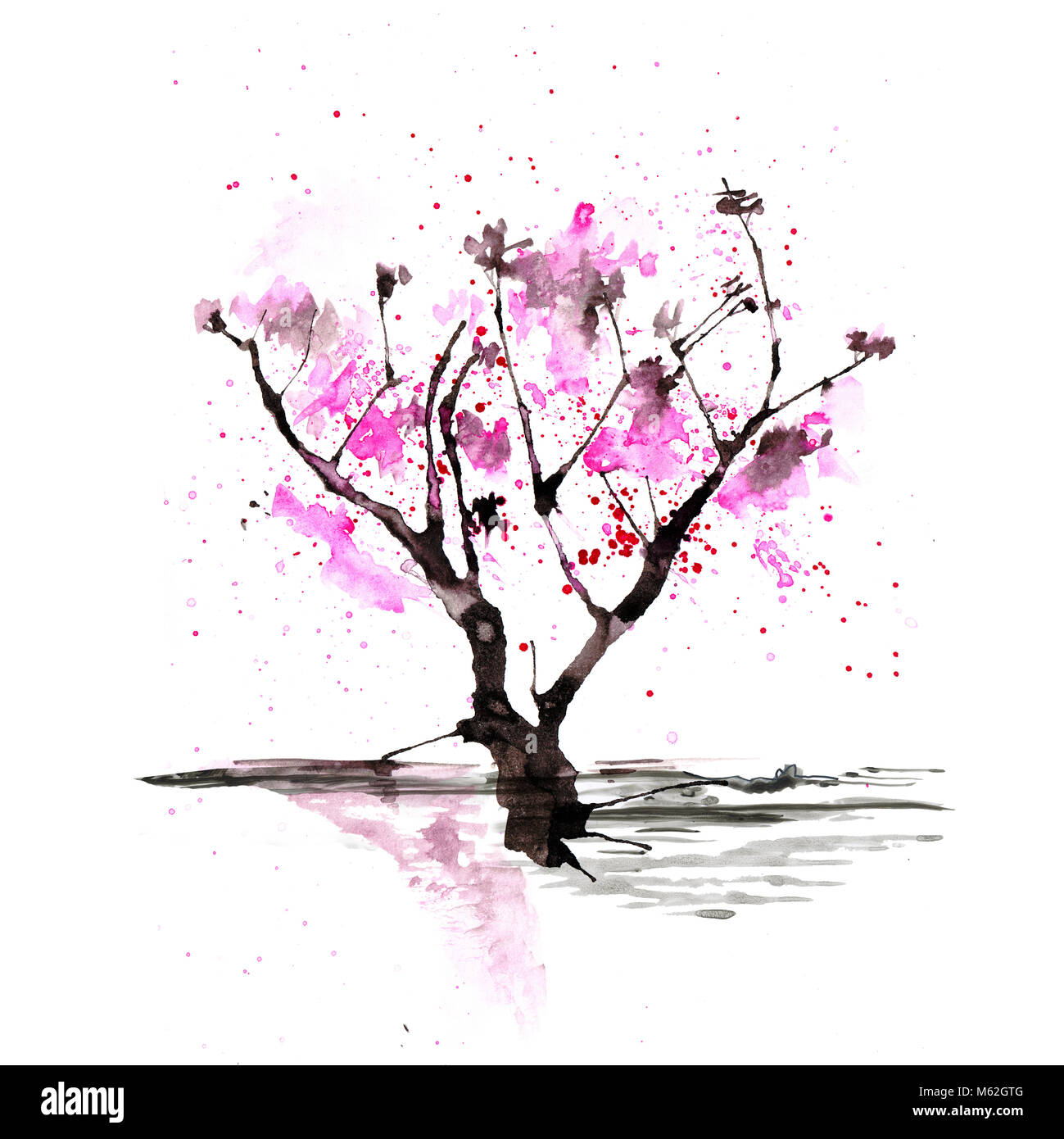 Tree branch in Japanese painting style. Traditional Beautiful watercolor  hand drawn illustration Stock Photo - Alamy