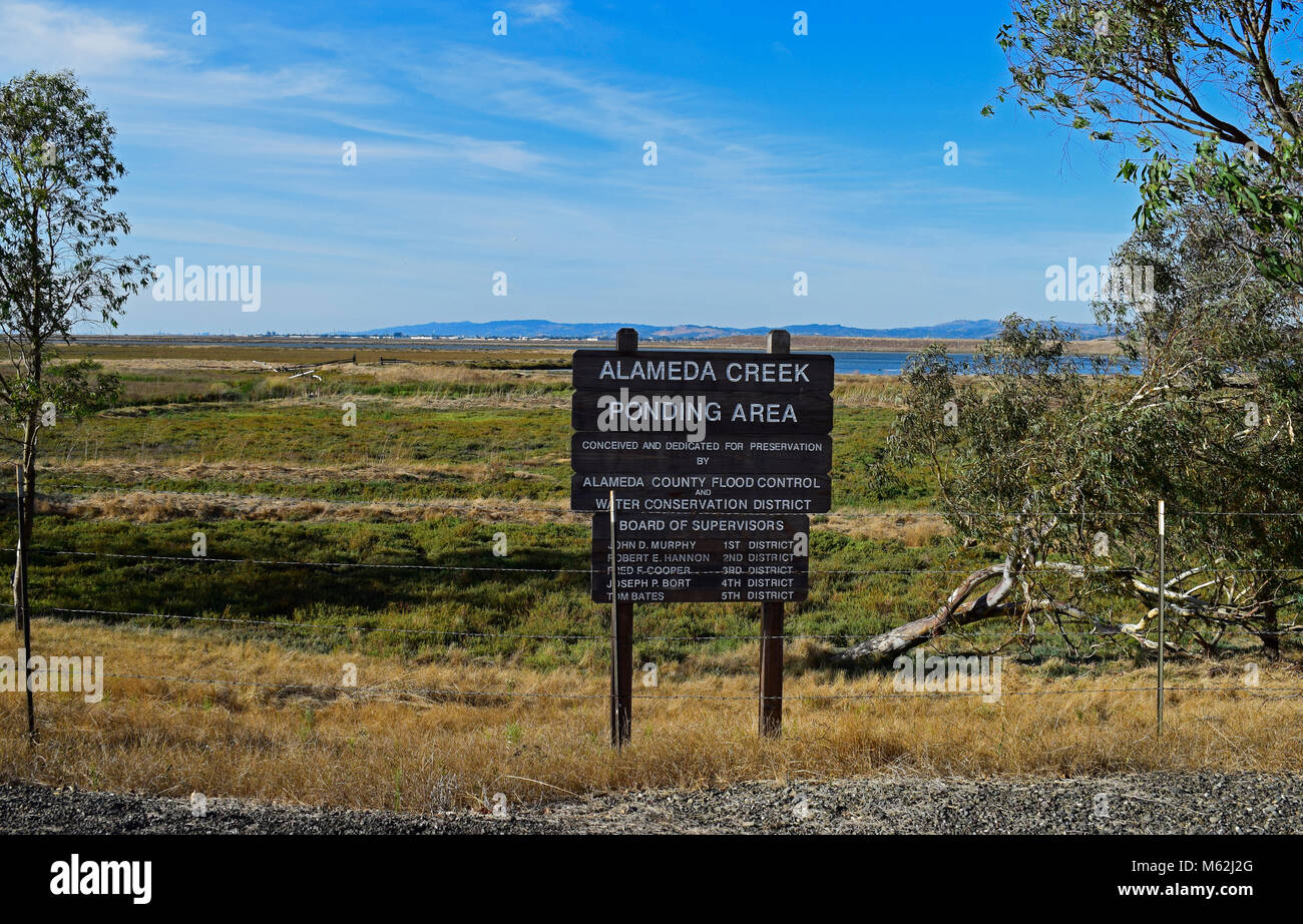 Alameda Creek Ponding Area sign, Alameda County Flood Control and Water Conservation District, along San Francisco Bay, California Stock Photo