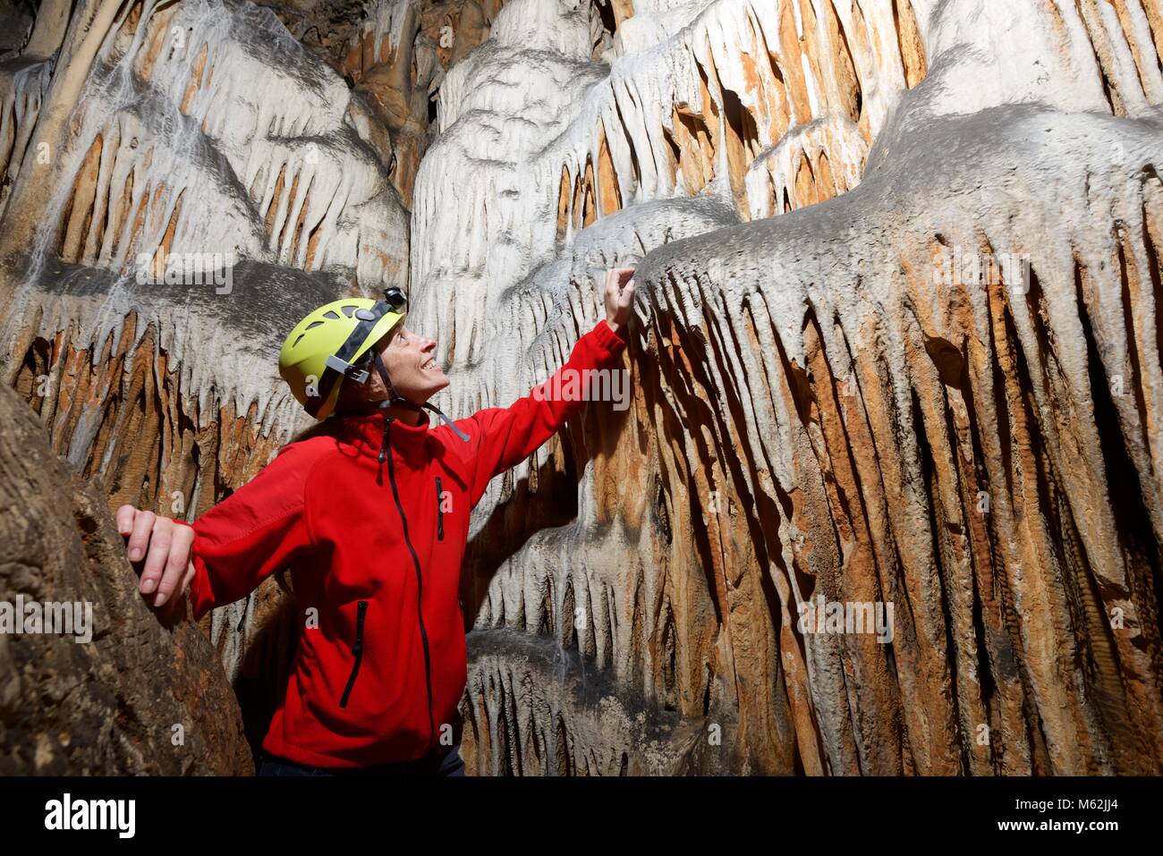 Caving in Hermosa Cave, Zaragoza Province, Aragon, Spain. Stock Photo