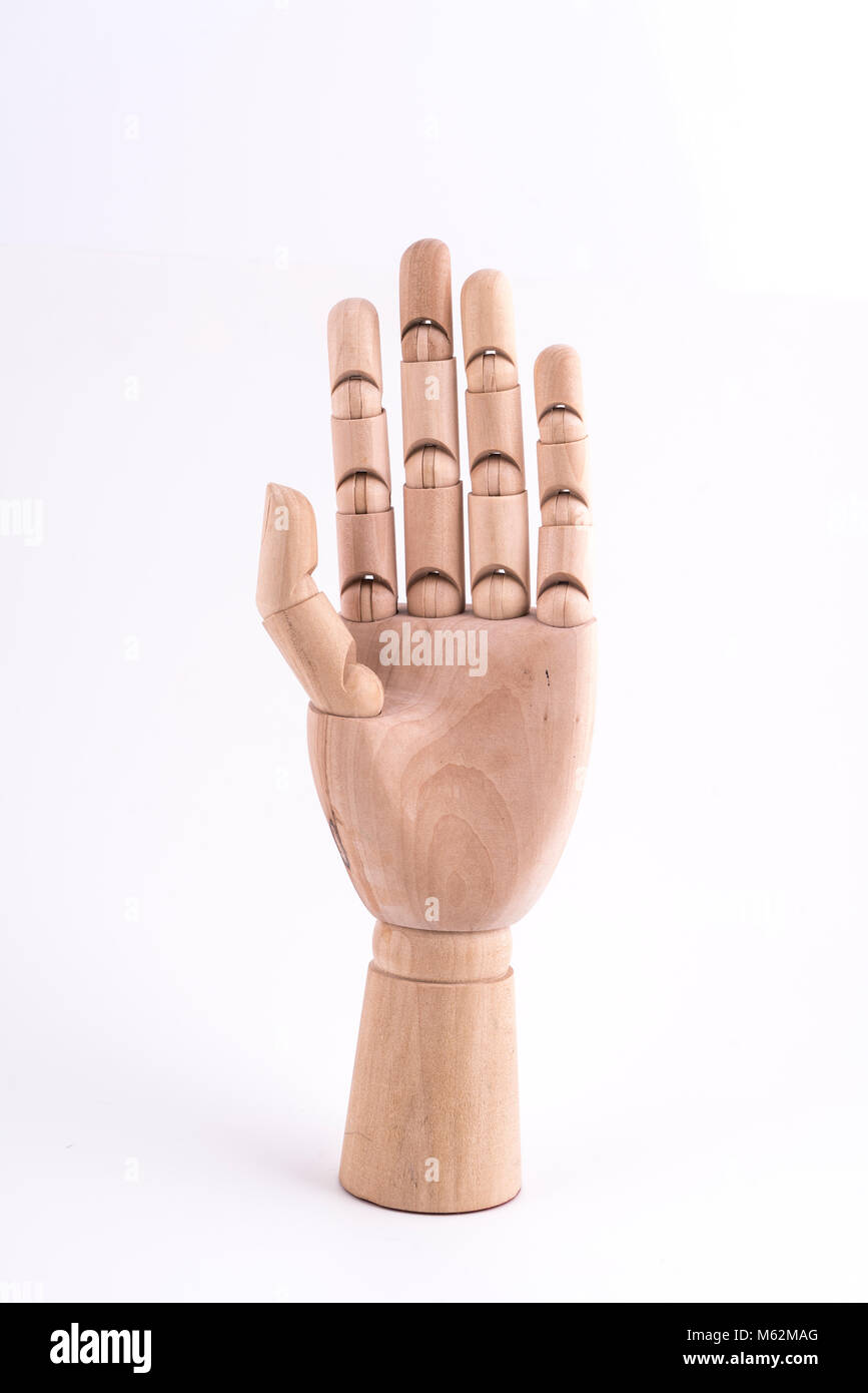 the gesture with a jointed wooden hand Stock Photo