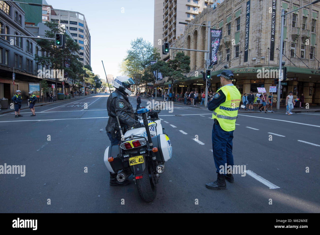 NSW Police controlling traffic at a peaceful marriage equality rally in Sydney, Australia in September 2017 Stock Photo