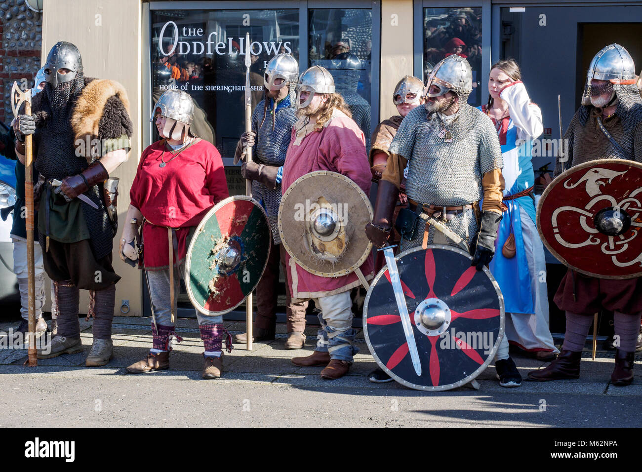 Fun, fighting and education at the Sheringham Viking Festival on 17th February 2018 with re-enactor groups Wuffa and Dragon Shield participating. Stock Photo