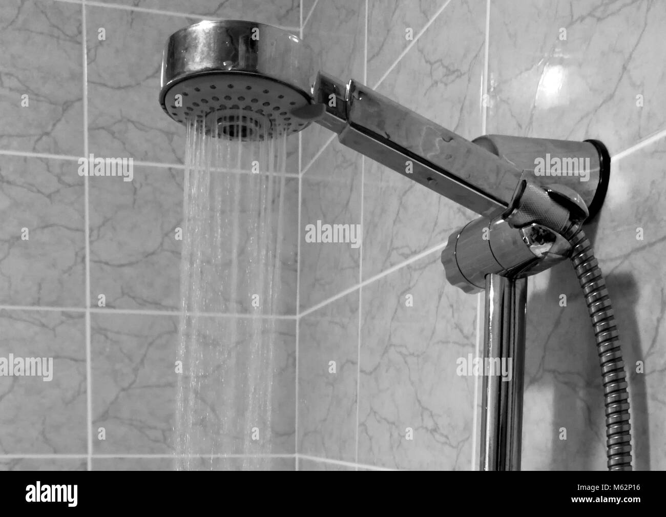 Black and white picture of the shower in the bathroom. From a beautiful