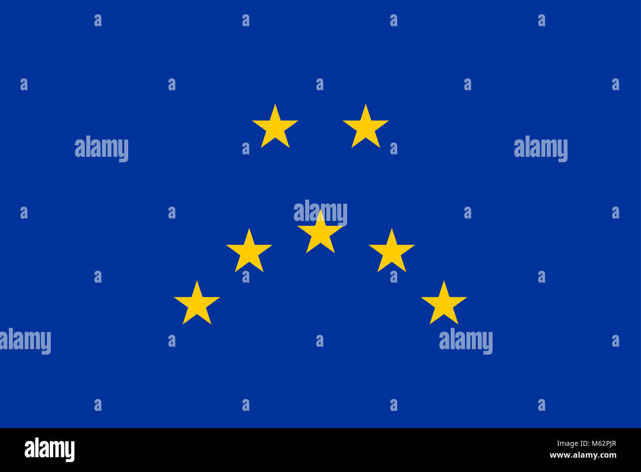 Sad face, made of the European Union flag. Representation of a unhappy face, made of seven yellow five-pointed stars of the European flag. Stock Photo