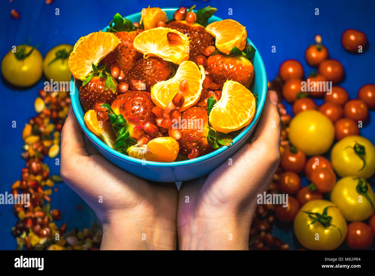 Fruits and vegetables on blue background Healthy food and cholesterol diet concept . Clean eating, dieting, detox, vegetarian food concept selection o Stock Photo