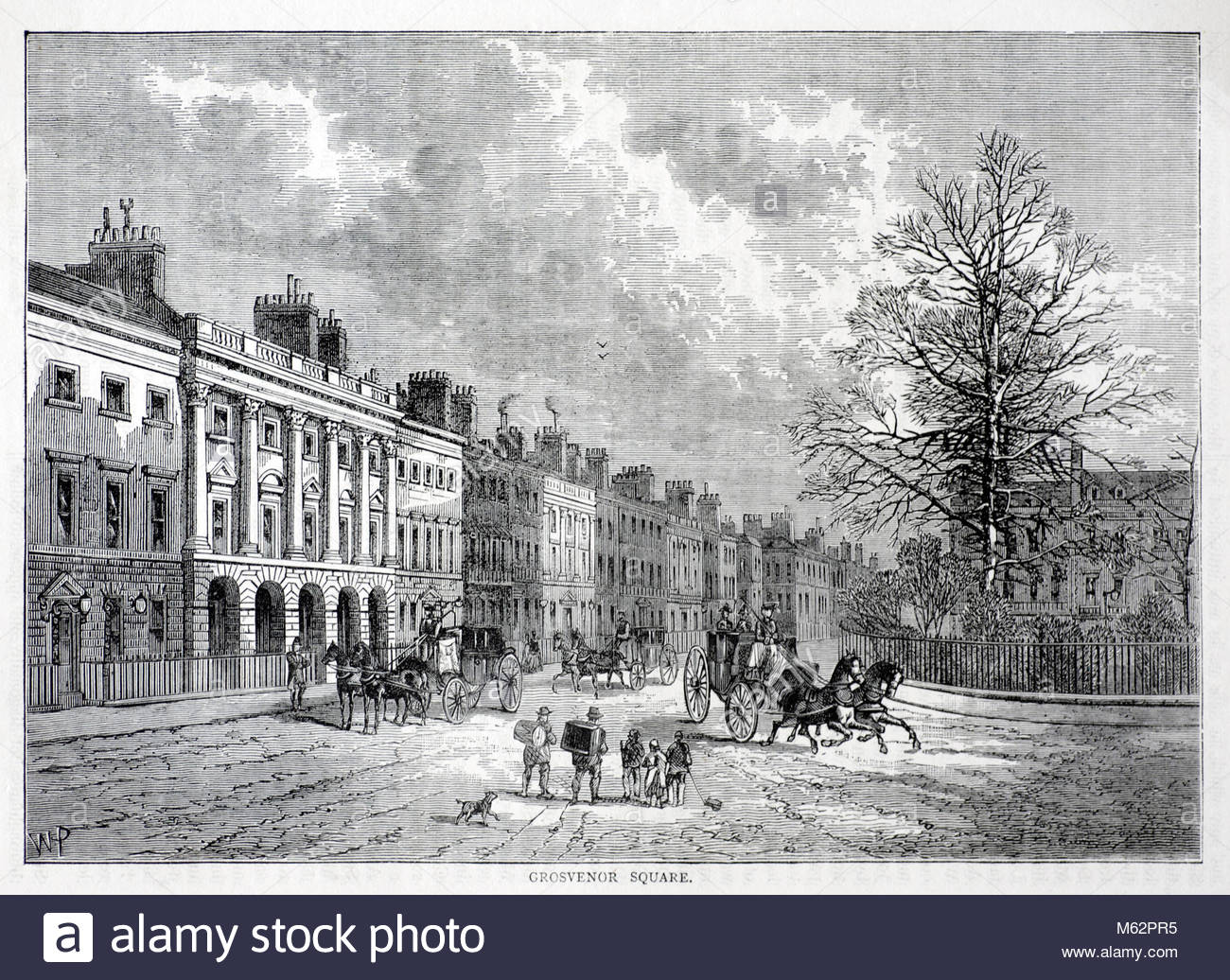 Grosvenor Square London, antique engraving from 1875 Stock Photo