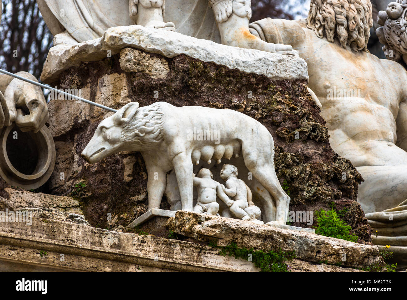 Statue of the She-Wolf Nursing Romulus and Remus in the Piazza del Popolo. Rome. Lazio. Italy. Stock Photo
