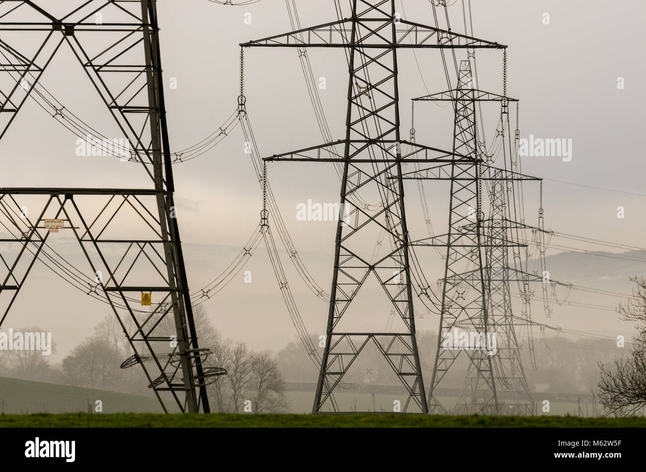 Electricity pylons crossing the countryside in Carmarthenshire, west Wales. UK. Stock Photo