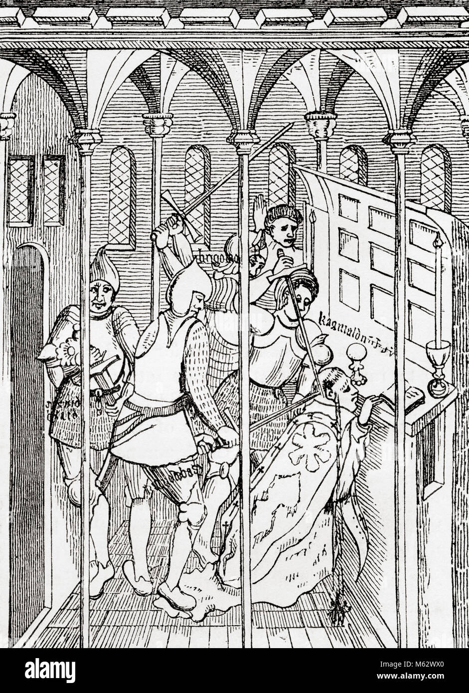 The murder of Thomas Becket in Canterbury cathedral, 1170.  Thomas Becket, aka Saint Thomas of Canterbury, Thomas of London and Thomas à Becket, c. 1119/1120 – 1170.  Archbishop of Canterbury.  From Old England: A Pictorial Museum, published 1847. Stock Photo