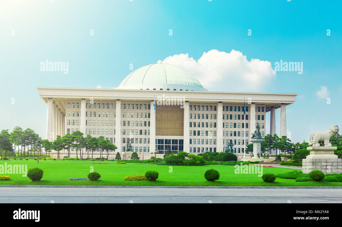 SEOUL, KOREA - AUGUST 14, 2015: Building of National Assembly Proceeding Hall - South Korean Capitol building, located on Yeouido island - Seoul, Kore Stock Photo