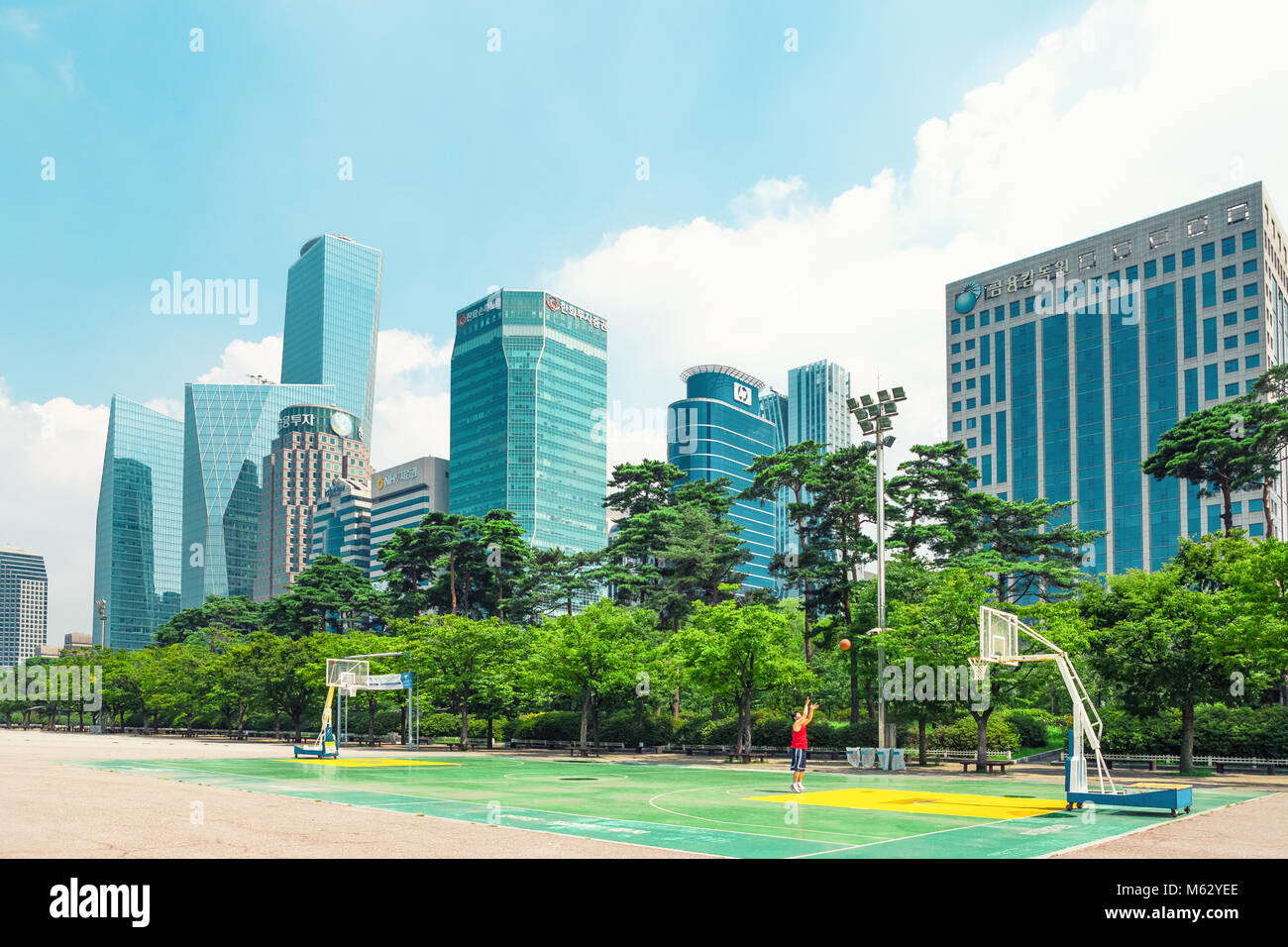 SEOUL, KOREA - AUGUST 14, 2015: Yeouido - Seoul's main finance and investment banking district and office area of Korea’s top businesses in finance, I Stock Photo