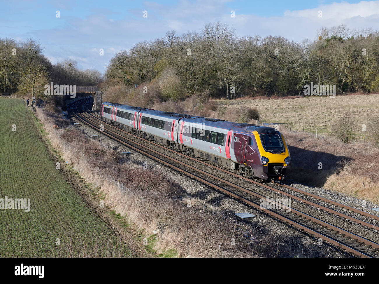 Cross Country Trains 220021 heads through Croome, Worcestershire with the 1V57 1307 Manchester Piccadilly to Bristol Temple Meads service on 27th Feb  Stock Photo