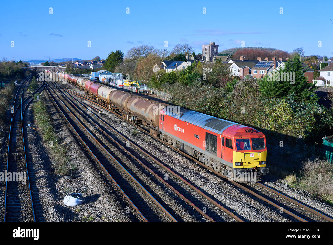 DB 60039 heads through Magor with 6B13 0500 Robeston - Westerleigh oil. December 1st 2017. Stock Photo