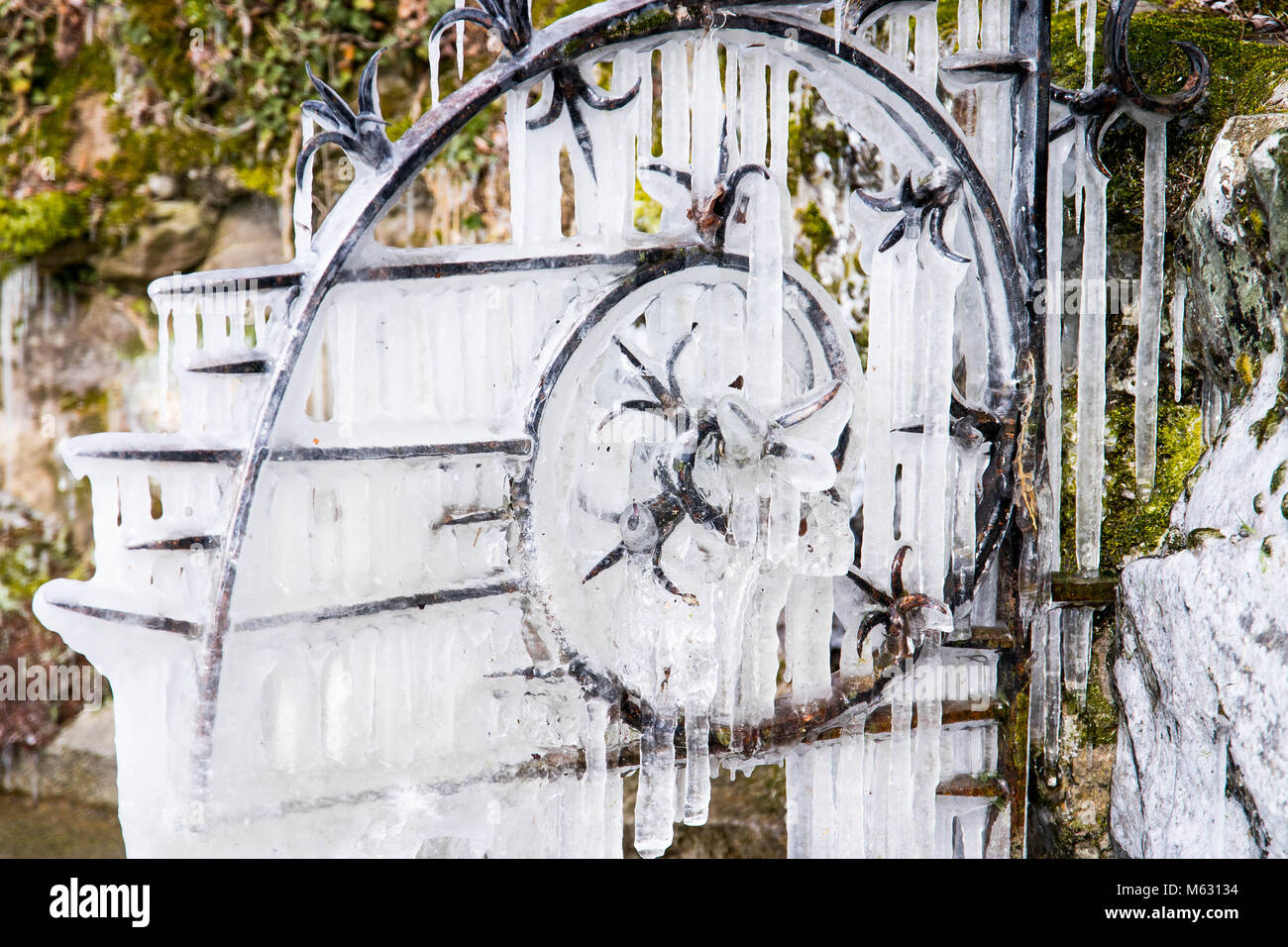 Iron metal sculpture covered by ice frozen frost winter Stock Photo Alamy