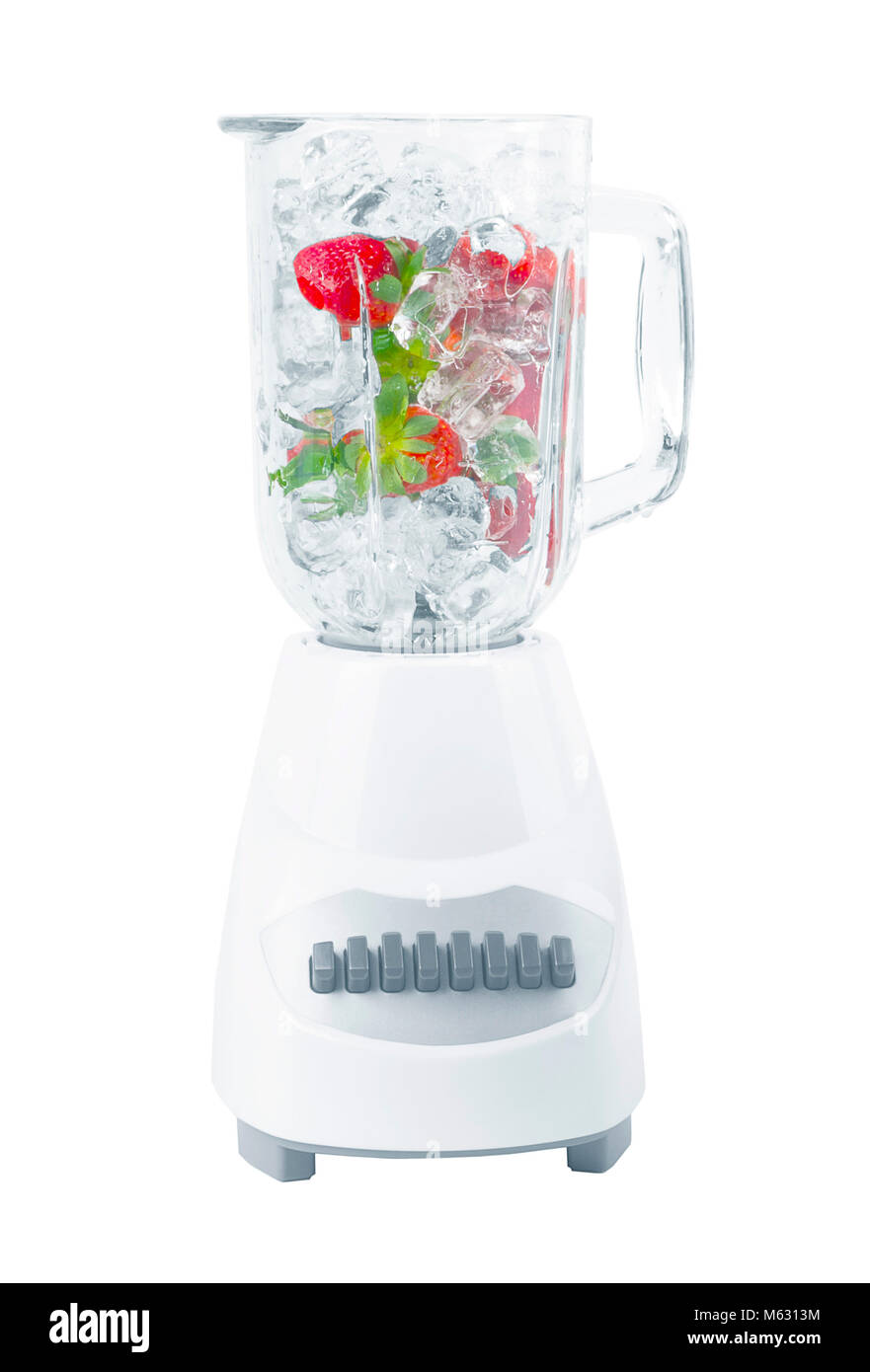 Fresh strawberry with ice inside blender on a white background Stock Photo