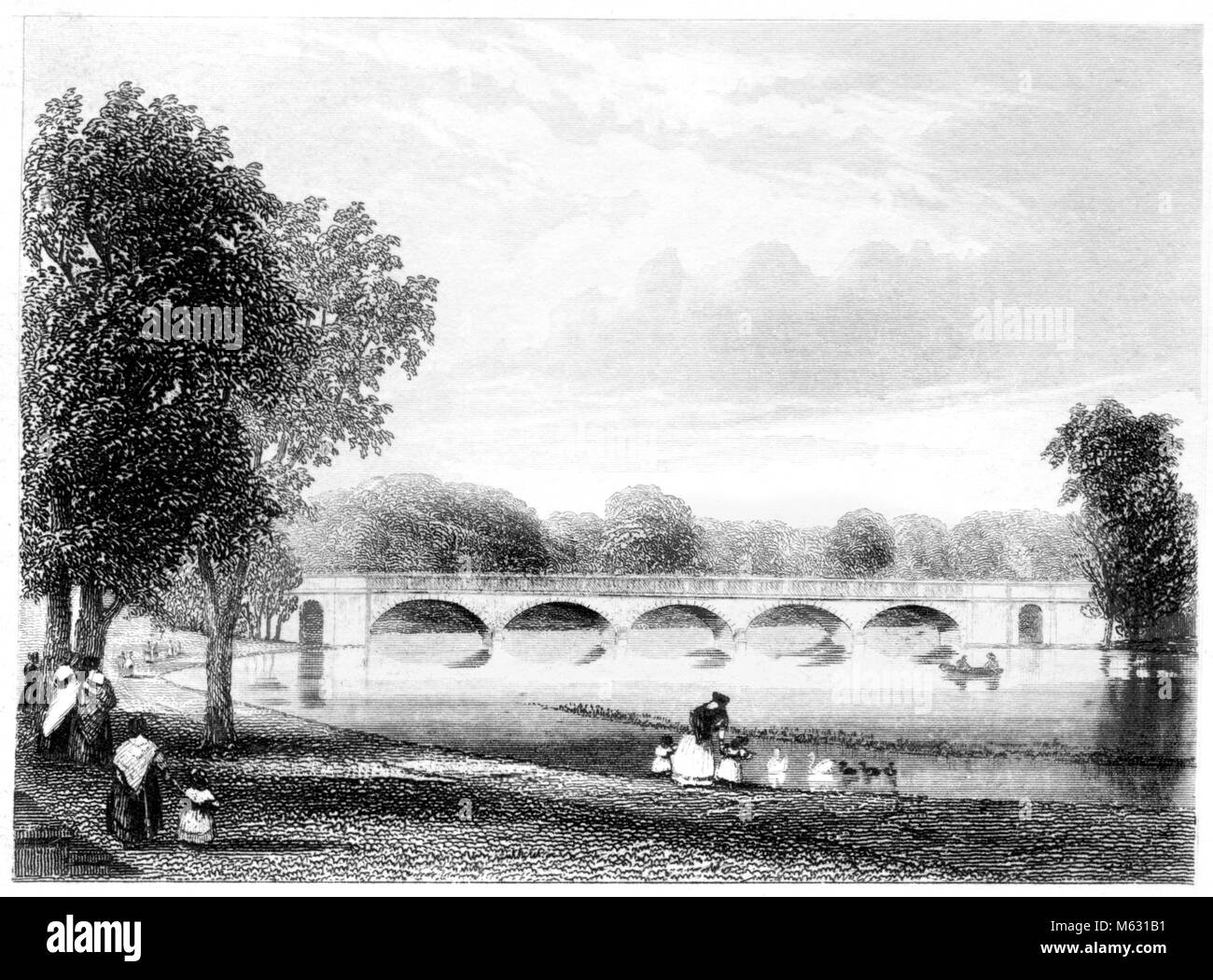 An engraving of a Bridge over the Serpentine, London scanned at high resolution from a book printed in 1851. Believed copyright free. Stock Photo