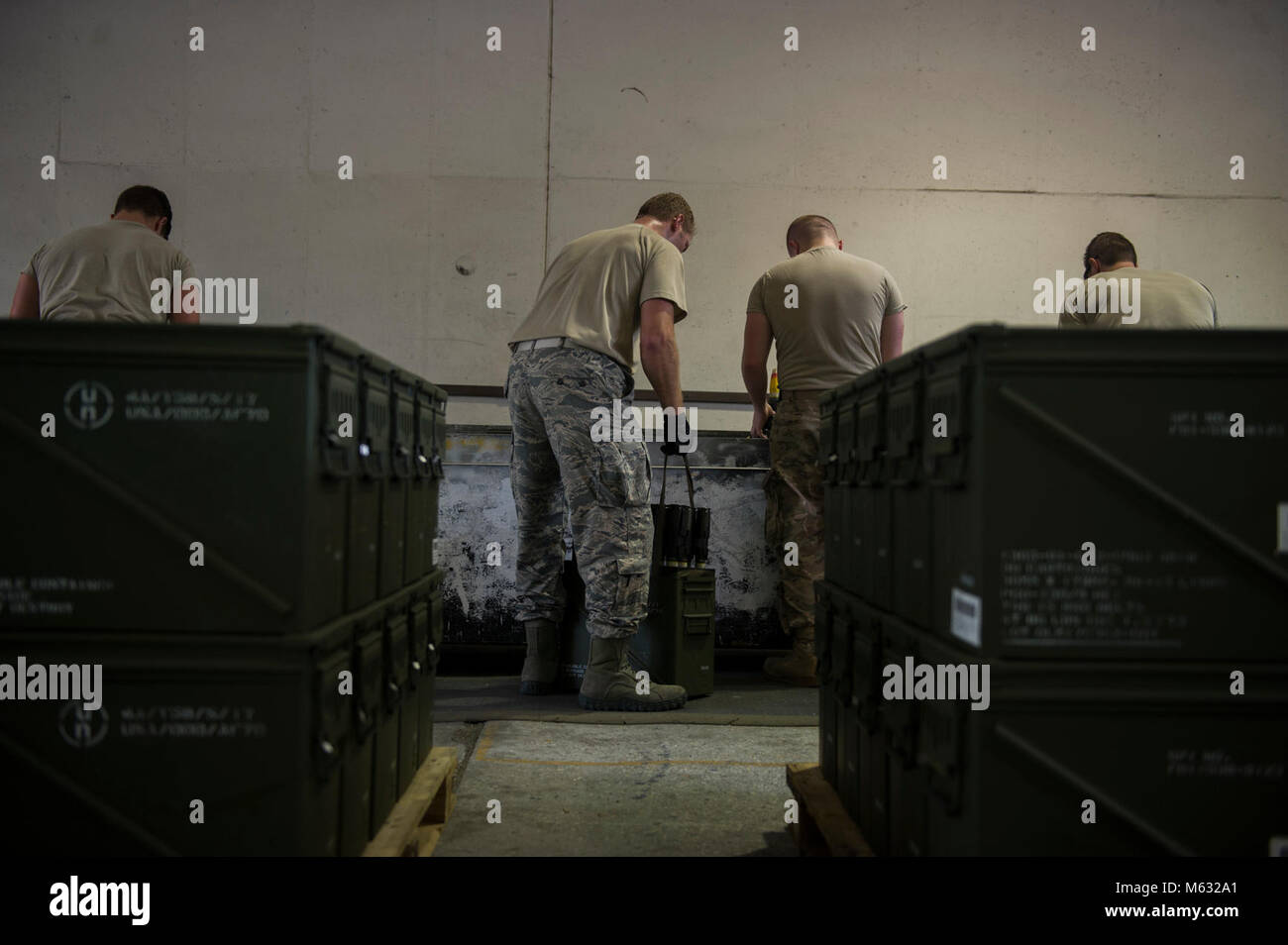 Munitions technicians with the 1st Special Operations Maintenance Squadron inspect and package 30mm rounds at Hurlburt Field, Fla., Feb. 6, 2018. They inspect the rounds for any missing parts or dents that would make the round unusable. Once cleared from inspection, munitions are repackaged into a container and transferred to a storage unit where they are later relocated to aircraft. (U.S. Air Force Stock Photo